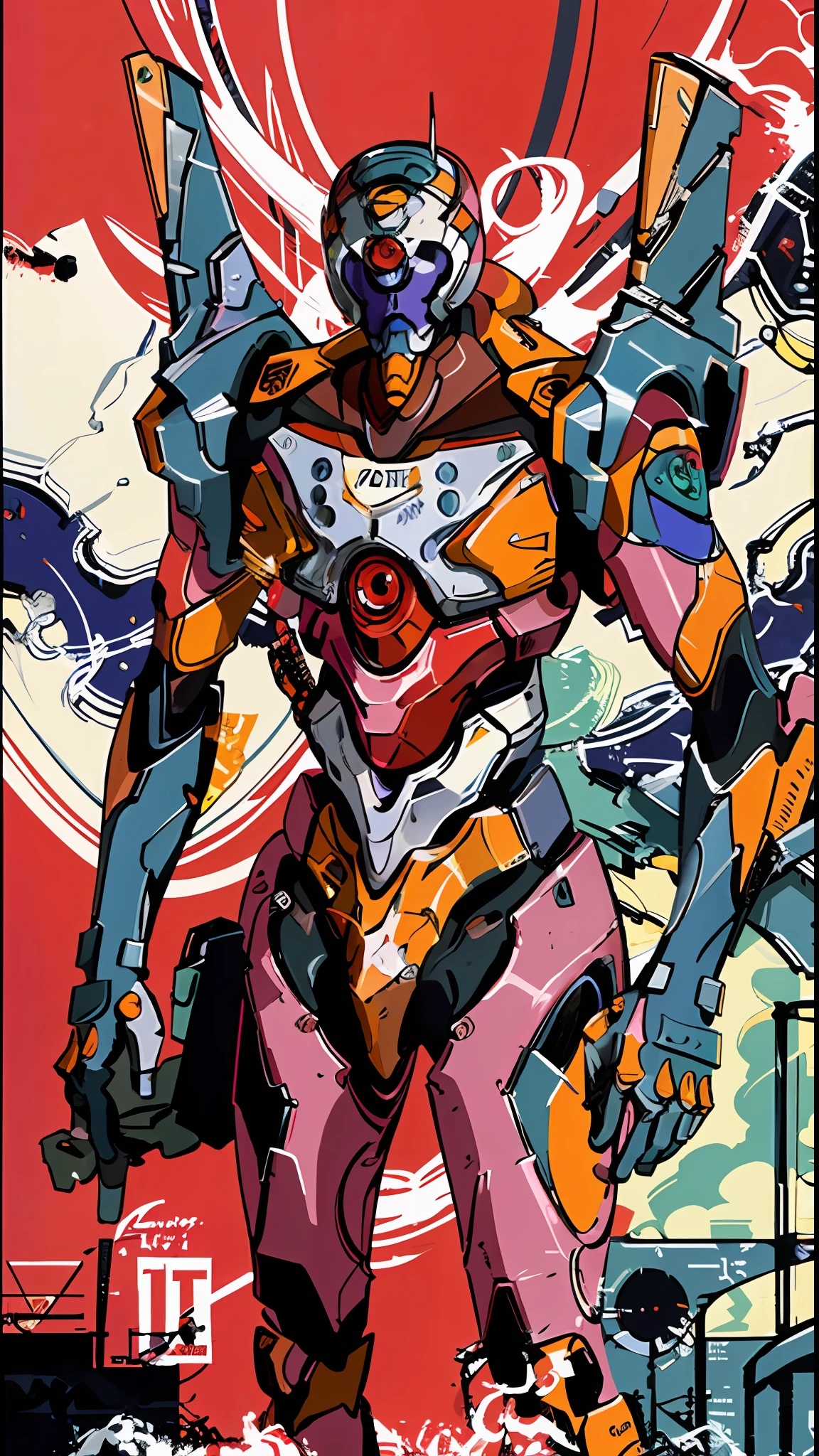 eva 00, evagod, evangelion mecha, science fiction, looking at viewer, (official art, Best quality, masterpiece:1.2), illustration, high res, beautiful abstract background, Futurism, vibrant and bold pop art with high contrast colors, dynamic composition, and exaggerated details