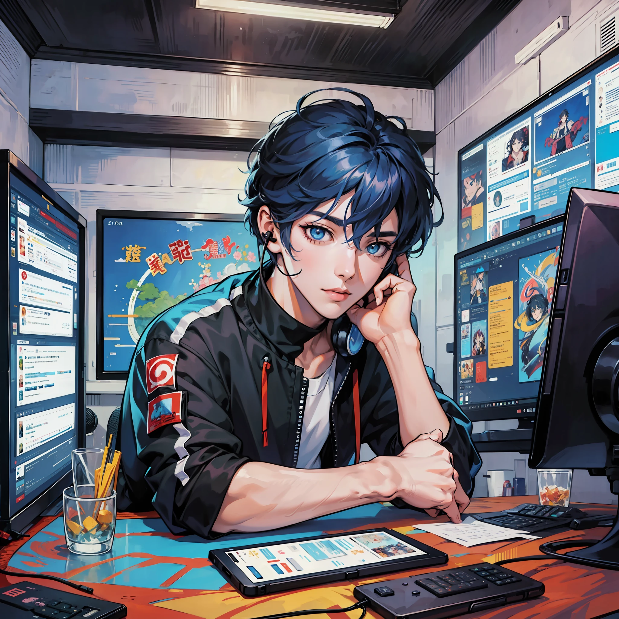 Anime boy calls to talk, ig studios anime style, nightcore, style of anime4 K, High quality anime art style, Anime boy, young anime man, Anime art style, Digital anime illustration, Anime style. 8K, in an anime style, male anime character, Kawasi,best qualtiy:1.0),(超高分辨率:1.0),Anime boys,with short black hair,blue color eyes,sitting in front of the computer,Speak into the microphone,The background is in the esports room,Earphone,The head is close to the microphone,8K,Faraway view