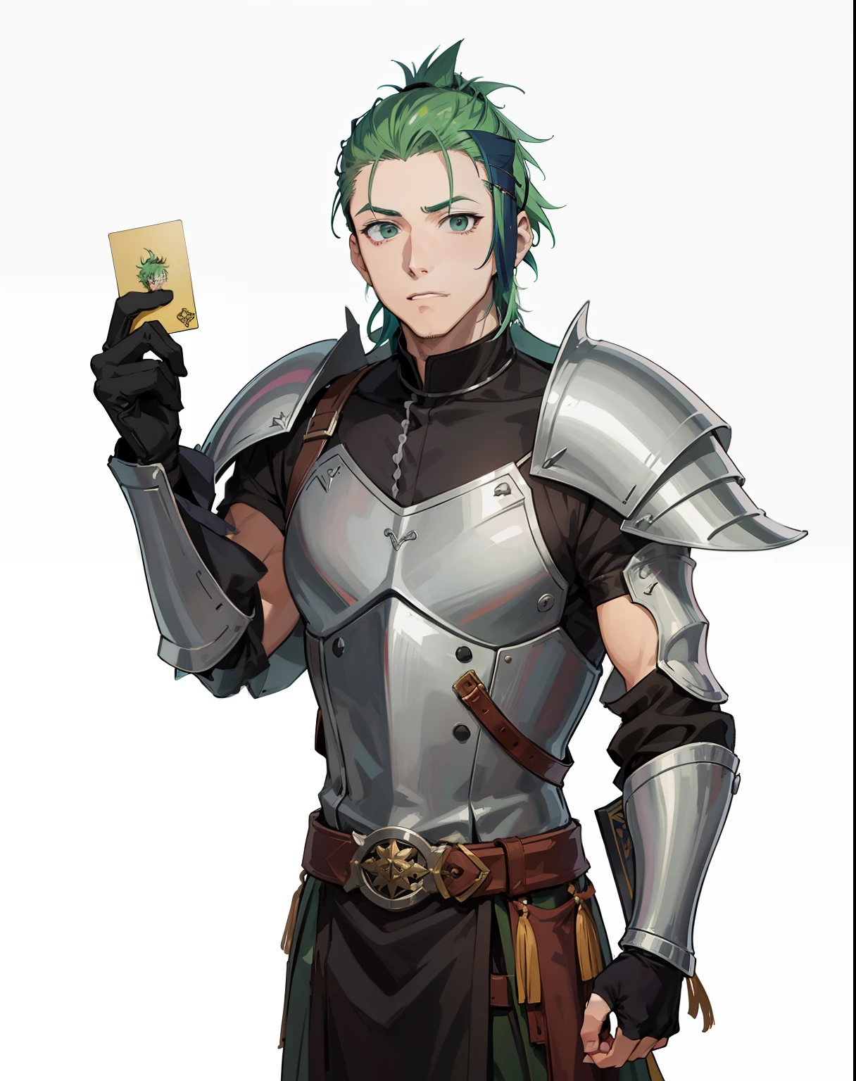 Screenshot of Anime 30-year-old man with green mohawk hair dressed in medieval European knight costume stands with surprised face looking at the card in his right hand。The body shape is thin。Fine line art 2020s anime