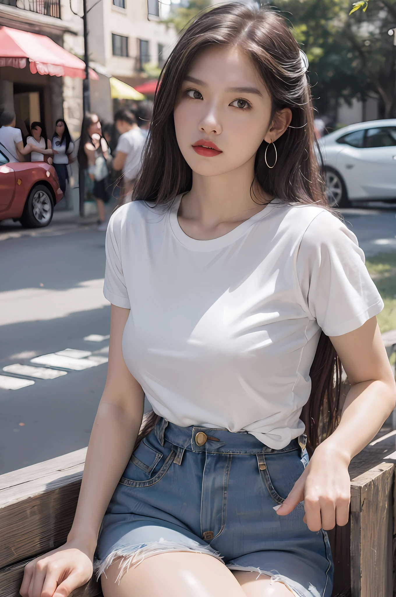 Best quality, masterpiece, super high resolution, (realistic: 1.4), original photo, (evening street), 1 girl, black eyes, looking at the audience, long hair, light makeup, lips, small ears, white t-shirt, denim shorts, earrings, sitting Ferrari, big breasts, slim