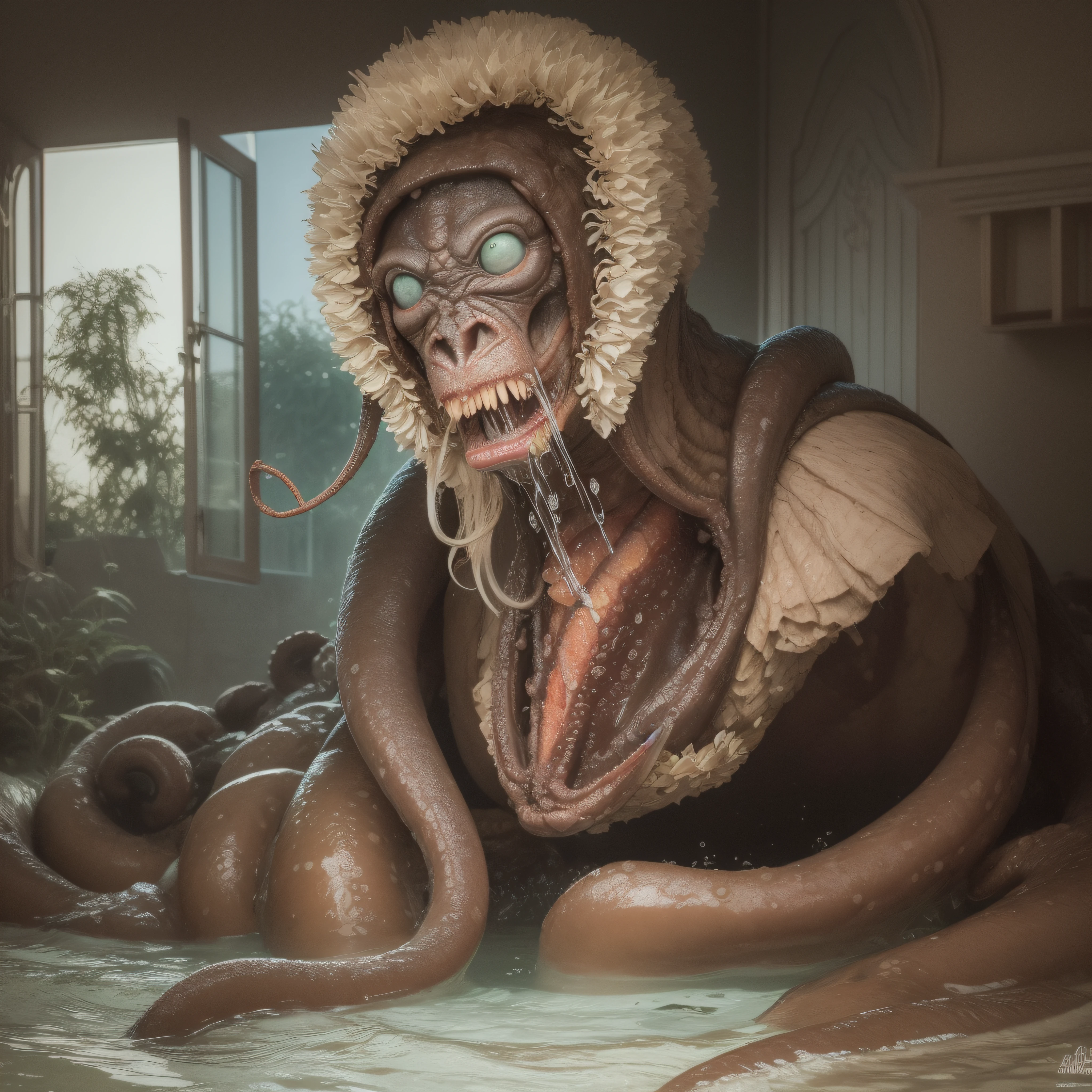 (extremadamente detallado, obra maestra, La mejor calidad), Estilo oscuro, intense illumination, rostro con arrugas, lengua larga, tentacle, deforme, monstruoso, interior de una piscina de agua verdosa, imagen submarina, alien con Colmillos finos, pico de pulpo amenazante. manchas de tinta. Rococo composition. Luz de caravaggio