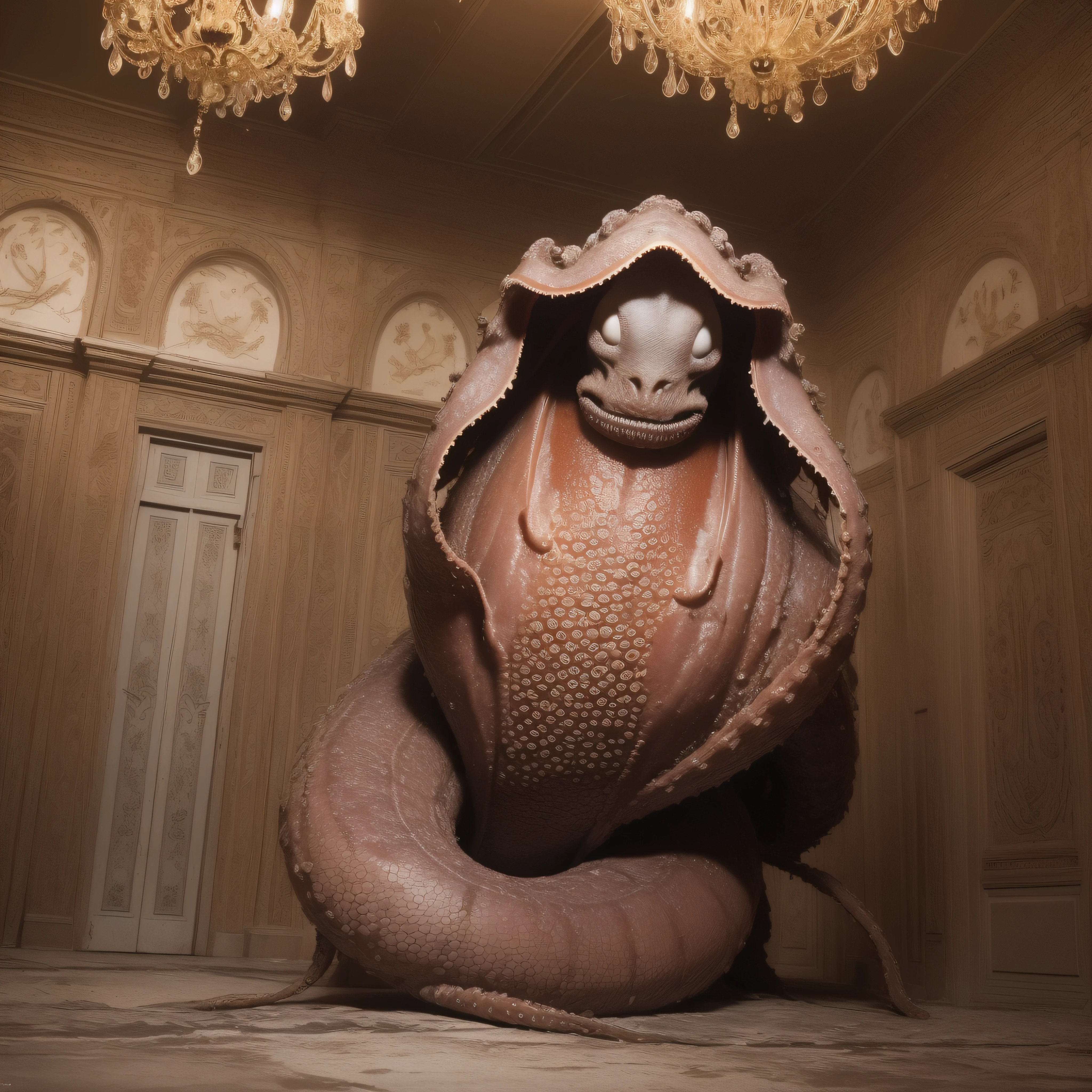 (extremadamente detallado, obra maestra, La mejor calidad), Estilo oscuro, intense illumination, rostro con arrugas, lengua larga, tentacle, deforme, monstruoso, interior de una piscina de agua verdosa, imagen submarina, alien con Colmillos finos, pico de pulpo amenazante. manchas de tinta. Rococo composition. Luz de caravaggio