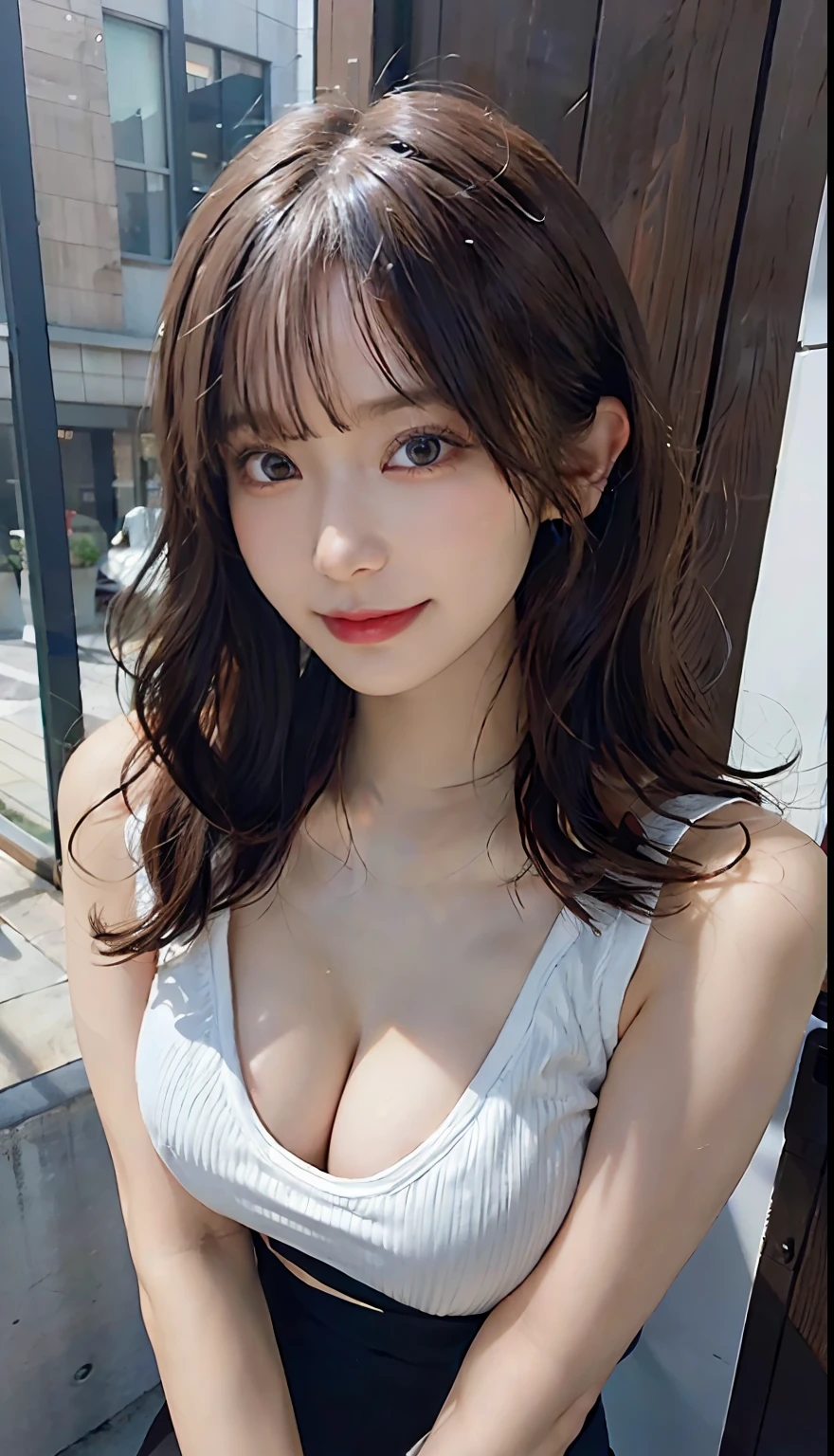 (8K, Raw photography,top-quality, hight resolution:1.1), (hyper realisitic:1.4),(realisitic, Photorealsitic:1.3), Soft light,Lifelike face,Realistic body,real looking skin,absurderes,masterpiece,large full breasts,Colossal tits,Valley,Sweaty cleavage,disheveled hair,Dim room background,nudde,no-bra,Natural smile,