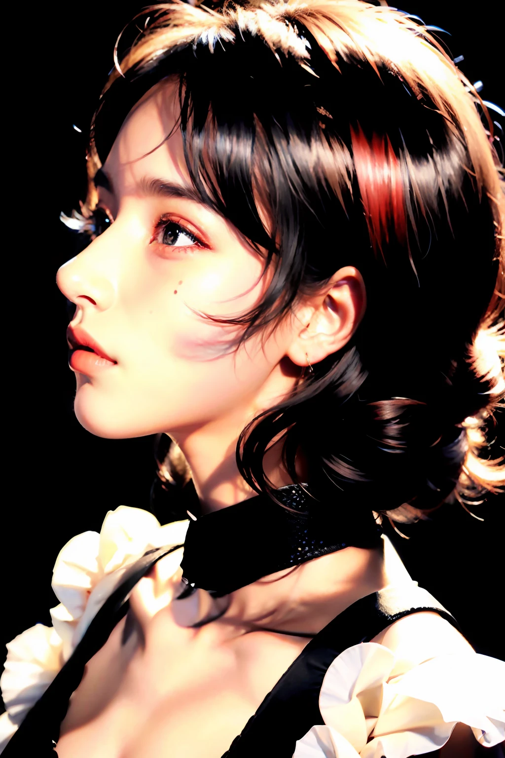 1girl, beautiful girl,Perfect body half,(face focus:2), (side face:2), (short black hair,chin length hairstyle) , (red color eyes, realistic eyes,beautiful and big eyes) long dress black and red color, (black background, red stage) 8k, high quilty, realistic, canon 1:1, 50 mm size, 3d, Ultra HD quality, beautiful realistic، Cool details, raw photo, selfie, realistic dress, realistic hair, top quality background