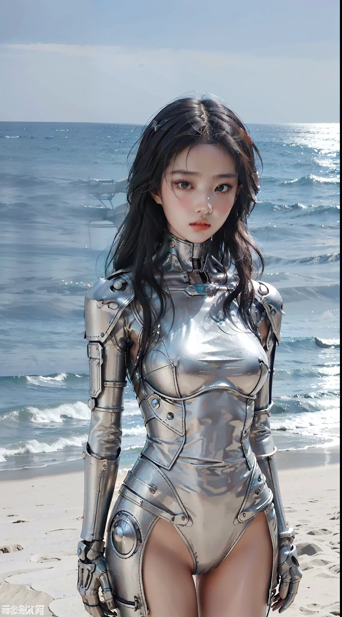 best qualtiy，Refined face，25岁少女，Slim figure，A body made of metal，Larger bust，Metallic structural skeleton，beachside，Stand up，sea beach，There are huge spaceships floating in the air，cyber punk perssonage，Sci-fi