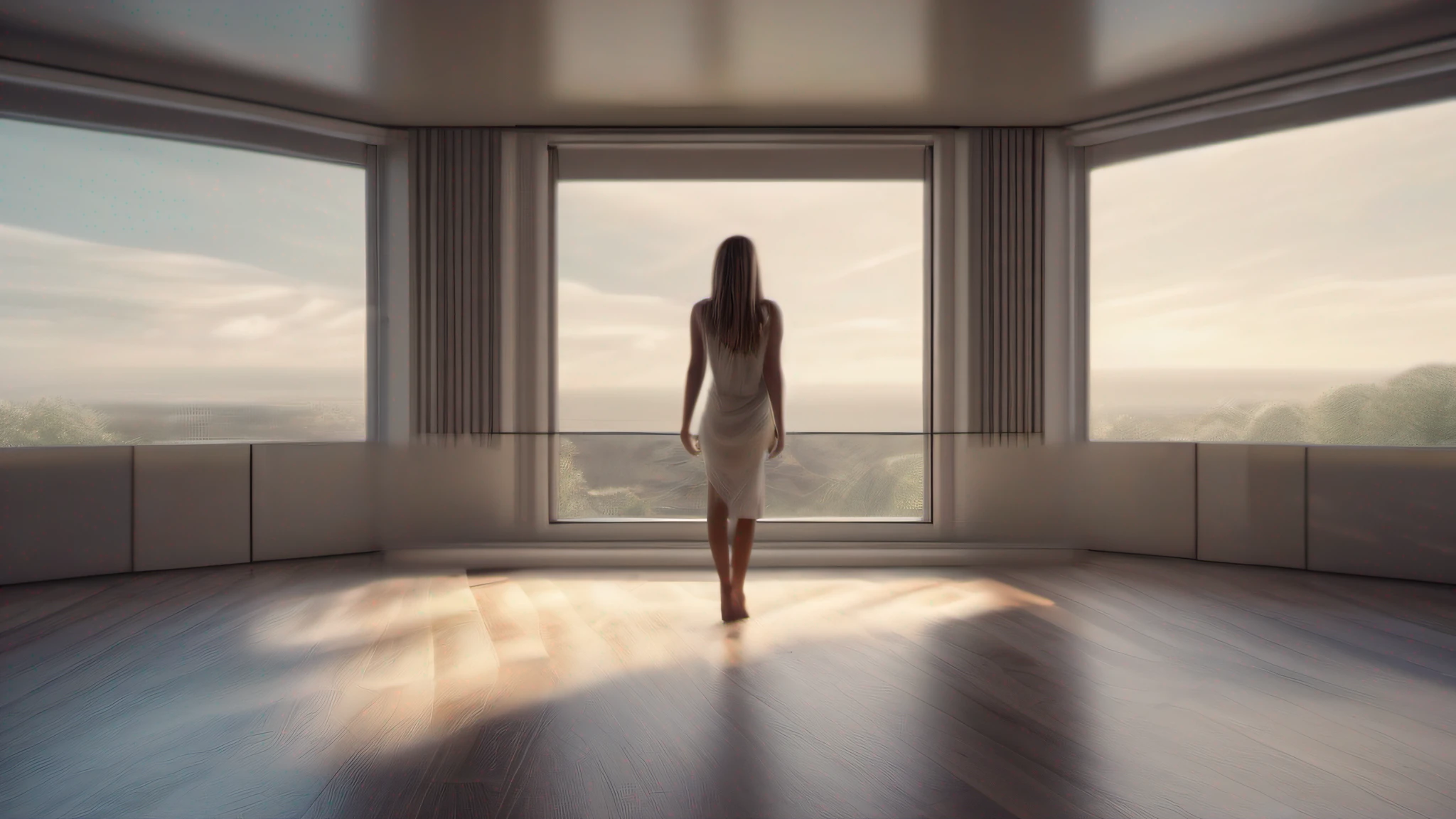 Minimalist room in space, espacios liminales, fotorrealista, foco nítido, HDR, 8k, gigapixel, obra maestra, una hermosa mujer observa por la ventana, realista, hiperrealista, altamente detallado, profundidad de campo, detallado e intrincado, Foto, HD, kinematics, dynamic lighting, (bokeh), ((fearless)), destello de lente, (rayos dioses: 1.1), (efecto de cine) , ((cara y ojos detallados)),