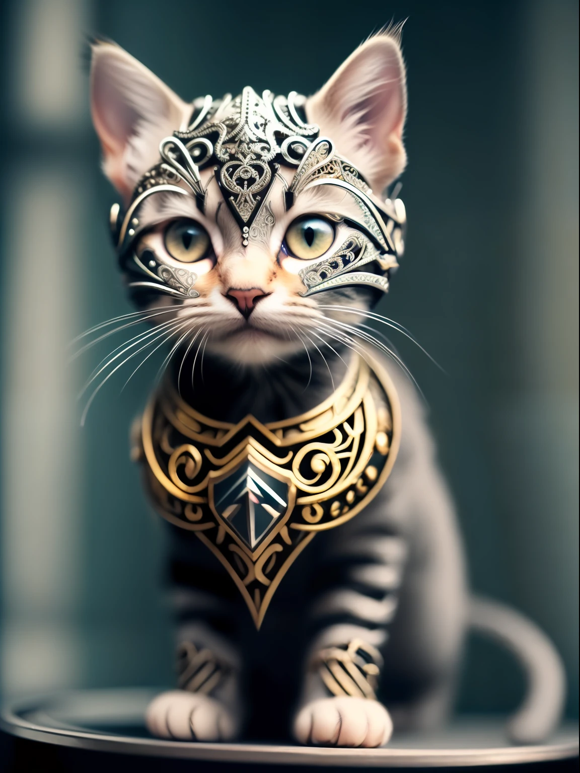 a cute kitten wearing a metalwork, cyborg, ((intricate detail)), hdr, ((complex detail, super detail)), cinematic footage, textures, rich details,