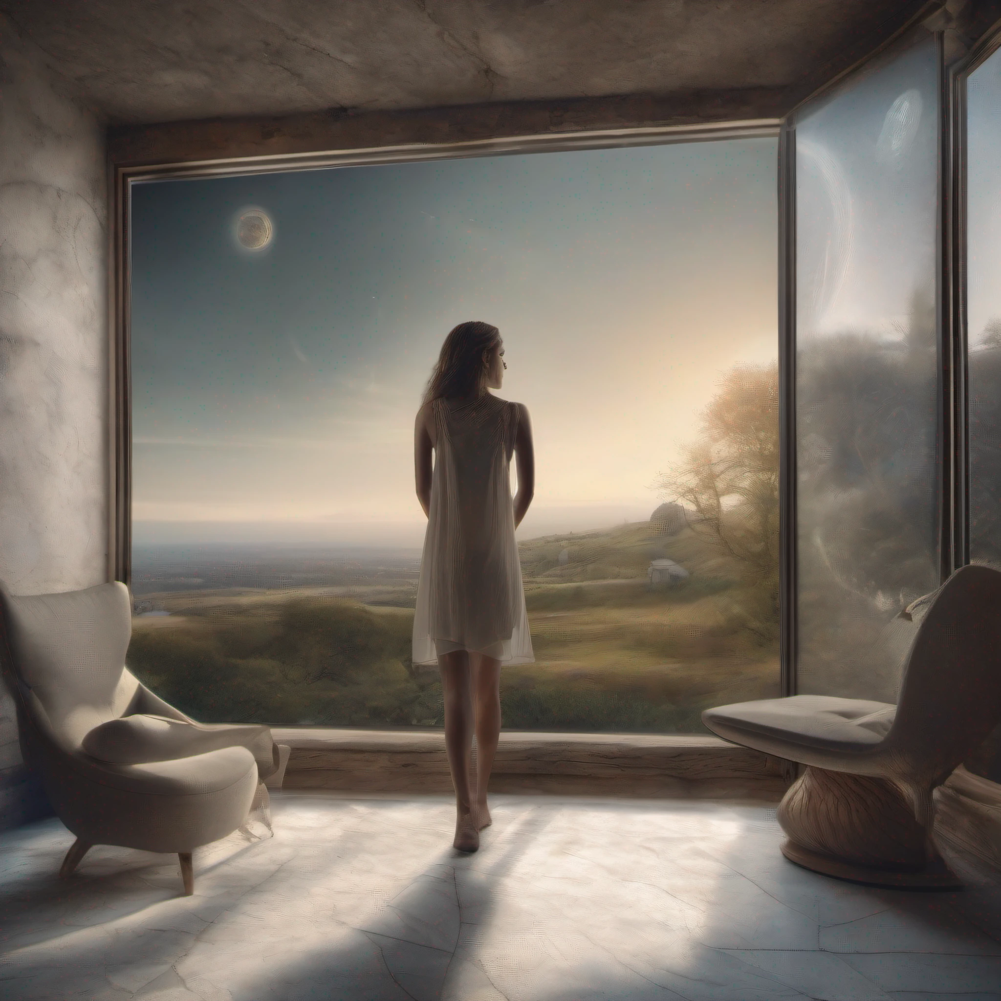 Habitacion minimalista, en el espacio, espacios liminales, (fotorrealista), [foco nítido], (HDR), (8k), (gigapixel), (obra maestra), una hermosa mujer observa por la ventana