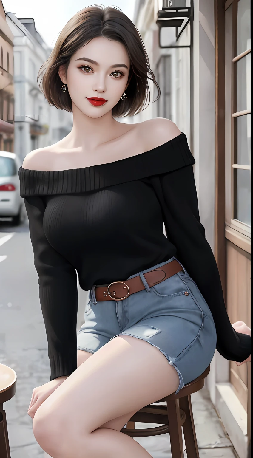 (intricate details:1.3), (best quality:1.2), (masterpiece:1.3), realistic, 8K UHD, High definition, High quality texture, intricate details, detailed texture, finely detailed, high detail, extremely detailed cg, High quality shadow, a realistic representation of the face, beautiful detailed, (high detailed skin, skin details), Detailed beautiful delicate face, face looking to the left, Detailed beautiful delicate eyes, a face of perfect proportion with smile, Film Grain, Depth of field, Cinematic Light, dramatic light, Lens Flare, Ray tracing, perspective, 20s, (photorealistic:1.2),
1girl, bare_shoulders, belt, black_footwear, blurry, blurry_background, bra_strap, breasts, building, coffee, collarbone, cup, day, disposable cup, full body, lips, lipstick, long sleeves, looking at viewer, makeup, off-shoulder shirt, off-shoulder sweater, off shoulder, outdoors, pantyhose, red lips, shirt, short hair, shorts, sitting, smile, solo, stool, striped, striped shirt