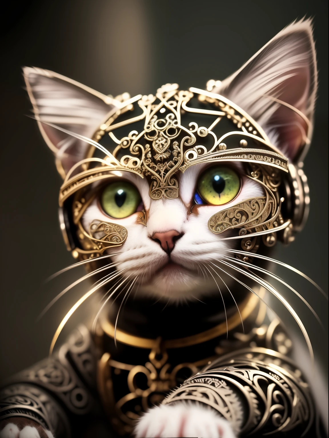 a cute kitten wearing a metalwork, cyborg, ((intricate detail)), hdr, ((complex detail, super detail)), cinematic footage, textures, rich details,