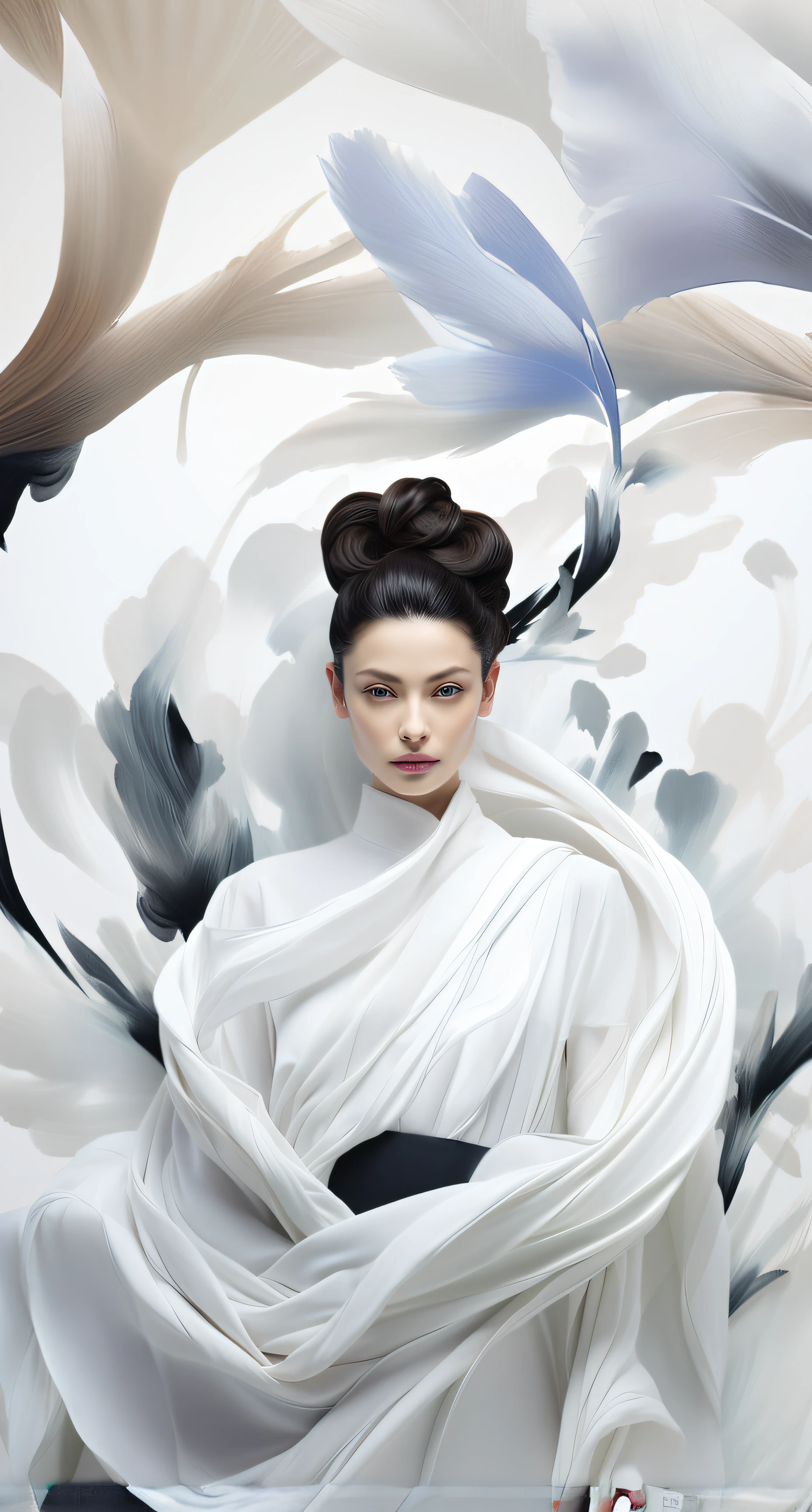 there is a woman with a white dress and black hair, jingna zhang, flowing white robes, inspired by Gao Fenghan, inspired by Otake Chikuha, inspired by Ai Xuan, inspired by Gao Cen, inspired by Gao Qipei, inspired by Gao Xiang, Wearing white silk, oriental fantasy, inspired by Zhang Yan, inspired by Yuan Jiang