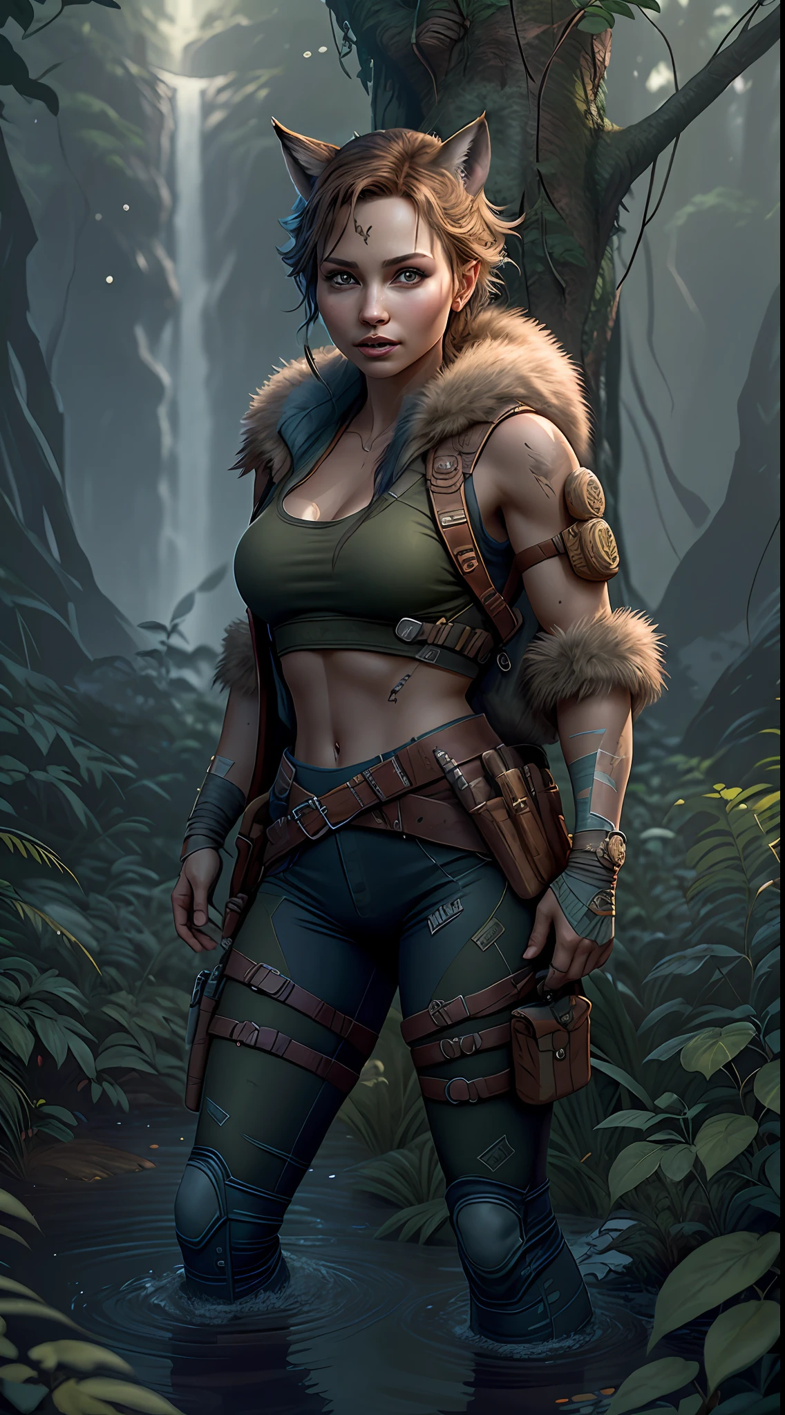 (beste-Qualit), (tmasterpiece), (Detailed:1.4), lara croft, adventurer, female lynx, anthro, cat ears, fangs, Happy Eyes, Anthropomorphic body, bandaged ankles, standing seductively, dynamicpose, берцы, Military style, detailed lighting, Fluffy lynx fur, Detailed fur, ssmile, Cinematic lighting, (detailed forest background, water fall, Hills, a tree), wide angle view, (higher wildlife feral detail), Realistic Proportion, photo-realistic, realistic hands, 64K HD, wide dynamic range, HDR,