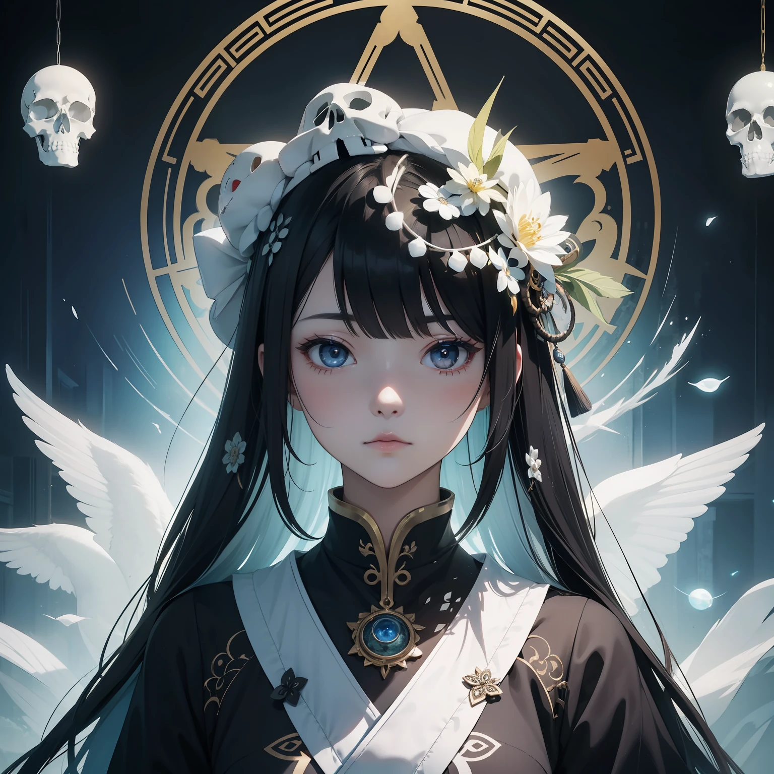 In a different world where mandala murals spread、Beautiful woman in Japanese clothes appeared。She is dressed in pure white.、Beautiful contrast between clear white skin and black hair、It was like a swan。 however、As if to overshadow its beauty、There was a skull element on part of her face。On her right cheek、It is carved with a pattern like the eyes and nose of the skull.、It's an eerie atmosphere。 She showed her profile、His eyes seemed to look far away.。In its expression、Melancholy and sadness ooze.、I was made to feel the inner world of her strong will。 In the background、There are geometric patterns like mandala paintings and Buddhist symbols.、A mysterious space spreads out。 This art is、Beauty and creepiness、And it expresses a mysterious worldview that fuses mystique....。Opening the door to another world that cannot be touched、You will be able to feel the mystery of the world。Strong elements of aging science fiction。Colorful and horror。profile。Detailed and meticulously drawn。3D Art。android。Like the hero of an adventure。