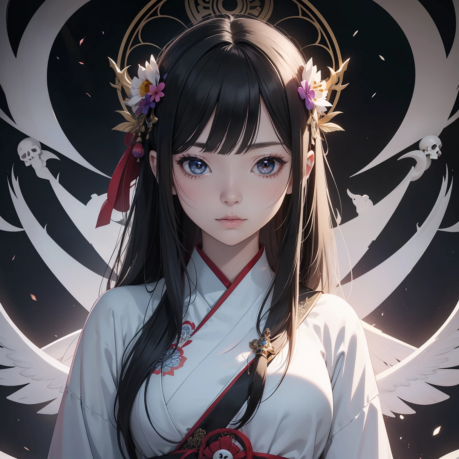 In a different world where mandala murals spread、Beautiful woman in Japanese clothes appeared。She is dressed in pure white.、Beautiful contrast between clear white skin and black hair、It was like a swan。 however、As if to overshadow its beauty、There was a skull element on part of her face。On her right cheek、It is carved with a pattern like the eyes and nose of the skull.、It's an eerie atmosphere。 She showed her profile、His eyes seemed to look far away.。In its expression、Melancholy and sadness ooze.、I was made to feel the inner world of her strong will。 In the background、There are geometric patterns like mandala paintings and Buddhist symbols.、A mysterious space spreads out。 This art is、Beauty and creepiness、And it expresses a mysterious worldview that fuses mystique....。Opening the door to another world that cannot be touched、You will be able to feel the mystery of the world。Strong elements of aging science fiction。Colorful and horror。profile。Detailed and meticulously drawn。3D Art。android。Like the hero of an adventure。