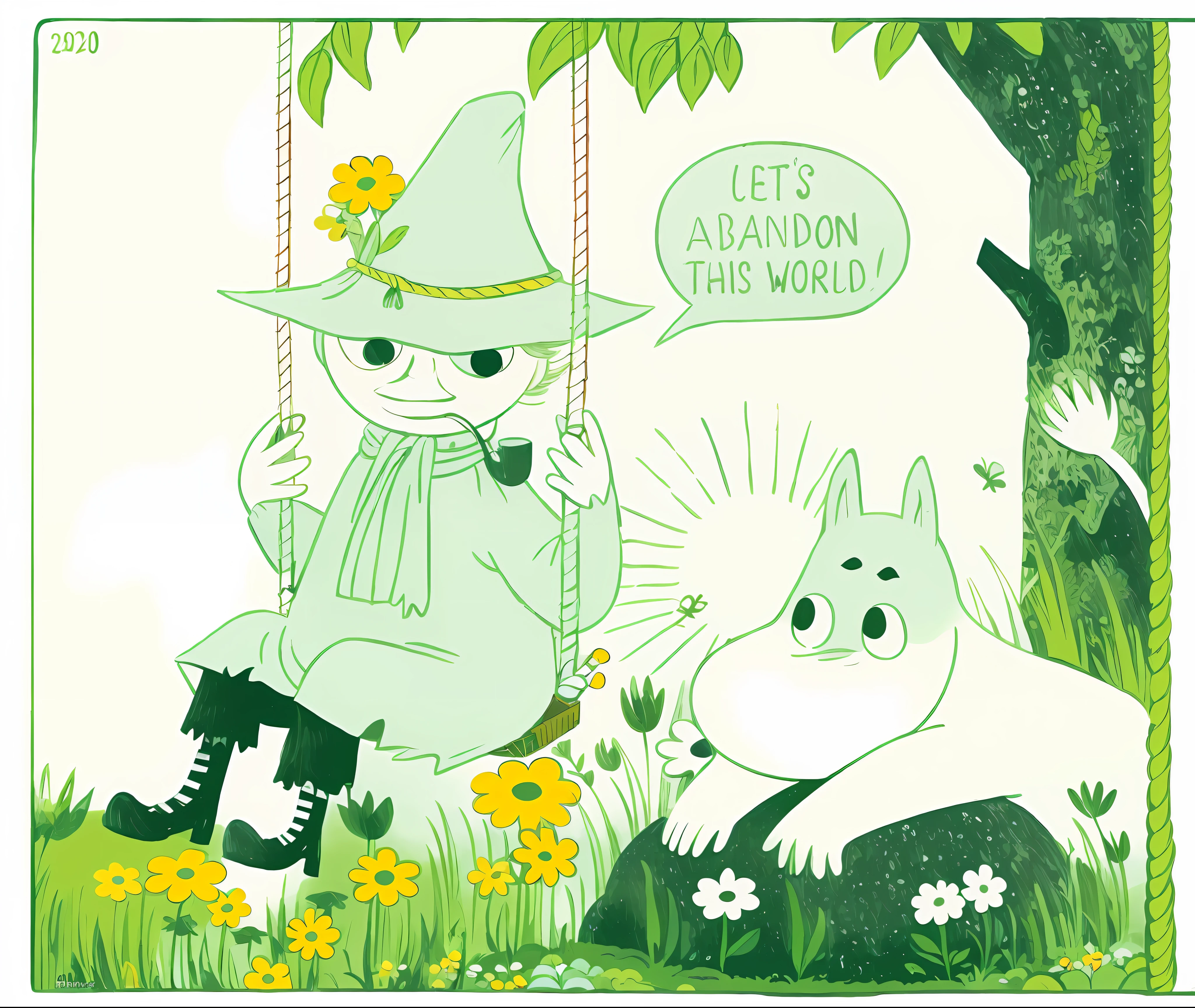 cartoon of a man and a woman sitting on a swing, moomin, moomins, inspired by Tove Jansson, inspired by Maurice Sendak, the moomins, inspired by Kate Beaton, by Kate Beaton, style of maurice sendak, one panel, by Tove Jansson, the moomins in moominvalley, joost swarte