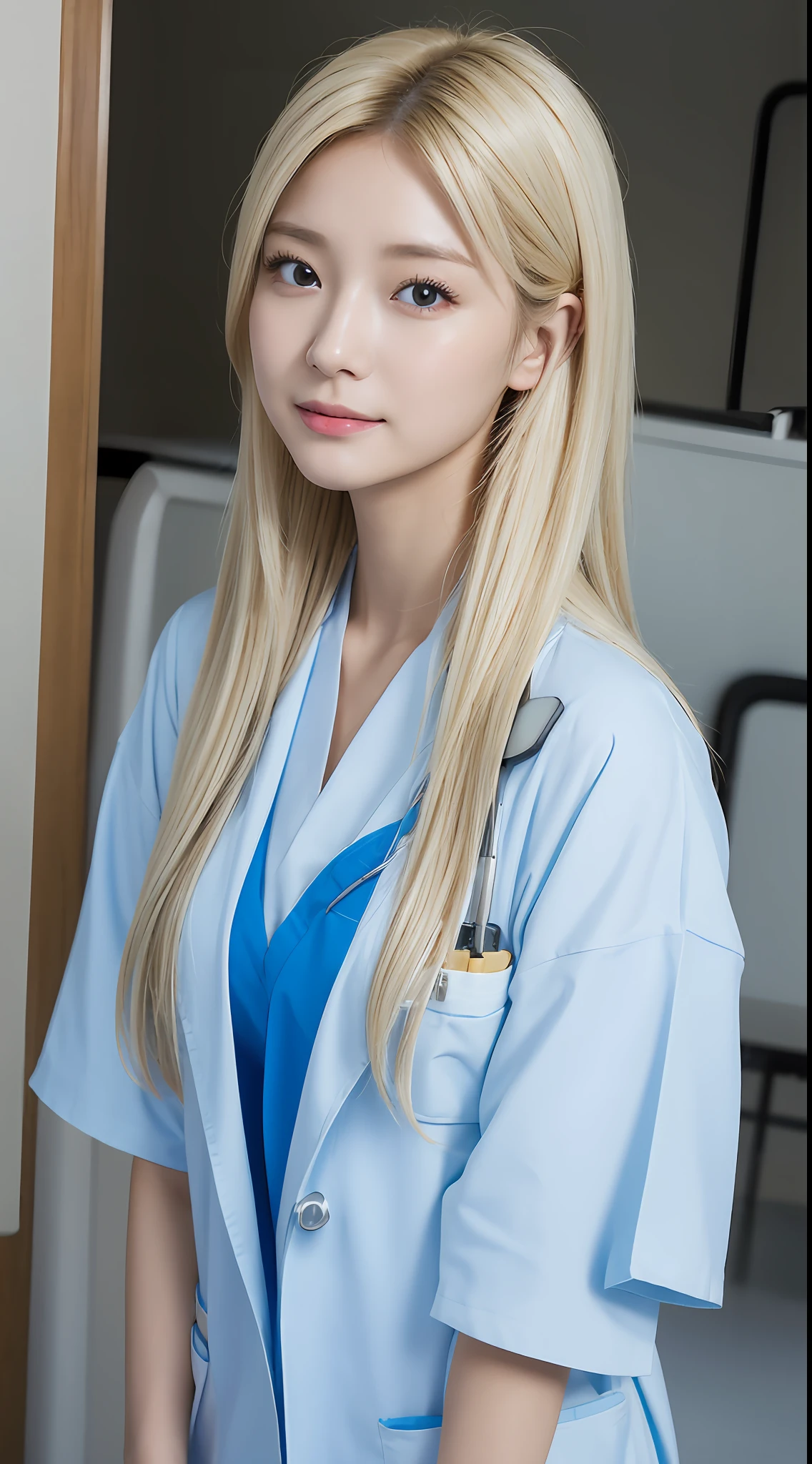 4K、top-quality、masutepiece、a 20 yo woman、Bright blonde hair 、Semi-long hair、Scrub medical suit、Flight Nurse、Sit in the Doctor helicopter、