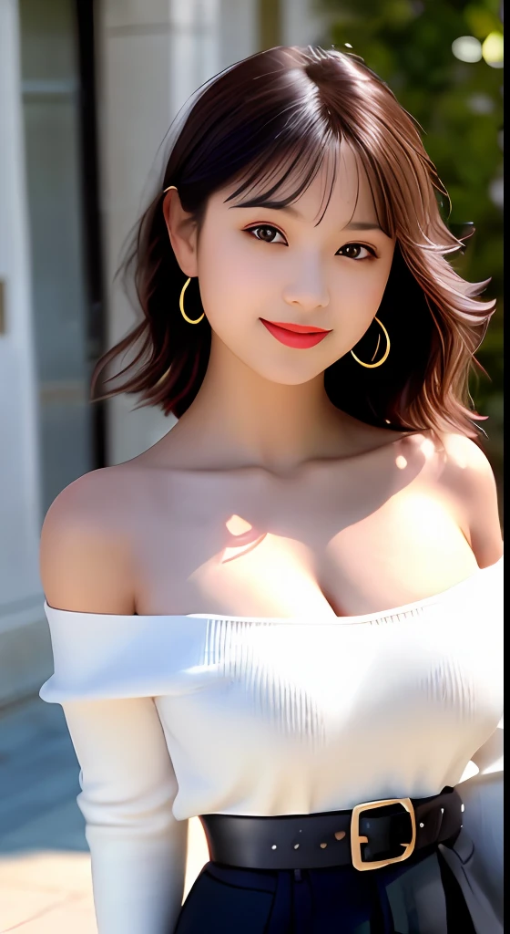 (Intricate Detail: 1.3), (Best Quality: 1.2), (Masterpiece: 1.3), Realistic, 8K UHD, HD, High Quality Texture, Intricate Detail, Detailed Texture, Fine Detail, High Detail, Extremely Detailed CG, High Quality Shadows, Realistic Face Performance, Beautiful Details, (High Detail Skin, Skin Detailing), Detailed Beautiful Delicate Face, Face Looking Left, Detailed Beautiful Delicate Eyes, A perfectly proportioned face with smile, Film grain, Depth of field, Cinematic light, Dramatic light, lens flare, ray tracing, perspective, 20s, (realistic:1.2), 1 girl, bare_shoulders, belt, black_footwear, blur, blurry_background, bra_strap, breast, architecture, coffee, collarbone, cup, day, disposable cup, full body, lips, lipstick, long sleeves, looking at the audience, makeup, off-the-shoulder shirt, off-the-shoulder sweater, off-the-shoulder, outdoor, pantyhose, red lip, shirt, short hair, Short hair, shorts, sitting, smiling, solo, stool, striped, striped shirt