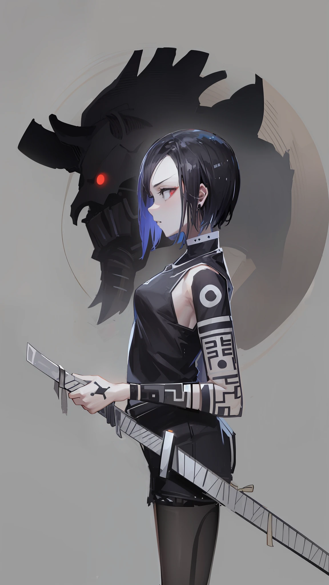 A girl holds a knife,The girl's side,With a collar around the neck,The background is a monster, mostly greyscale, The demons,with short black hair,whitet-shirt,Black shorts,with tattoo on the arm,bandagens,Sharp eyes,ear studs,The demons,teeth,Devil's Eye,white backgrounid,circle of the crone。
