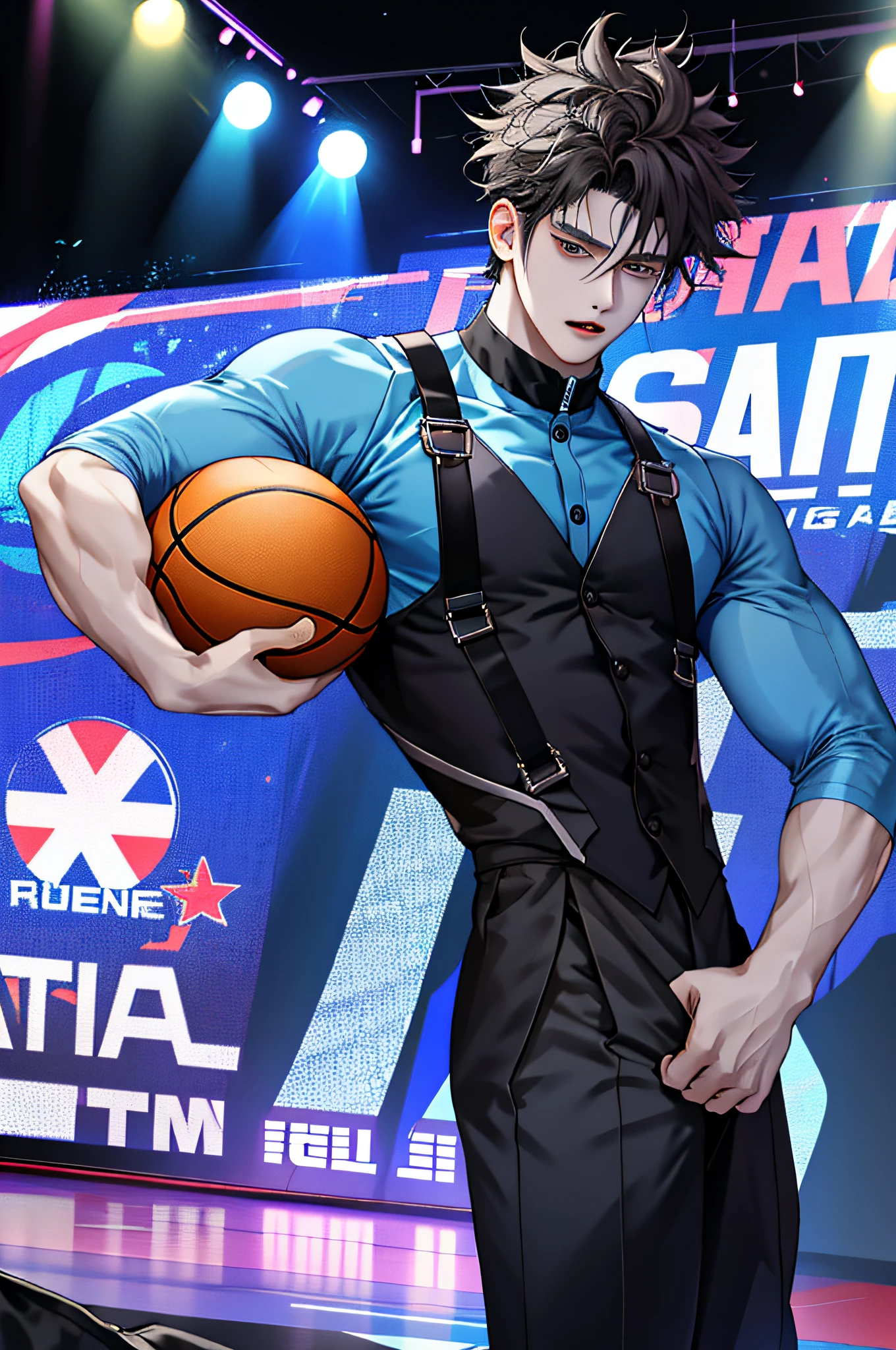 Boy in harness suit holding a basketball in front of stage, Cai Xukun, Playing basketball, basketball ball,,The expression is arrogant