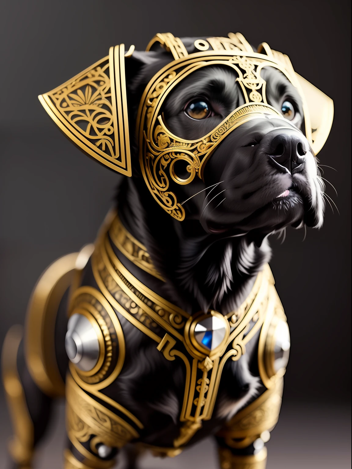 a cute dog wearing a metalwork, cyborg, ((intricate detail)), hdr, ((complex detail, super detail)), cinematic footage, textures, rich details,
