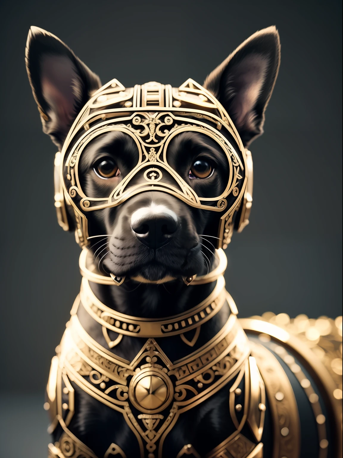 a cute dog wearing a metalwork, cyborg, ((intricate detail)), hdr, ((complex detail, super detail)), cinematic footage, textures, rich details,