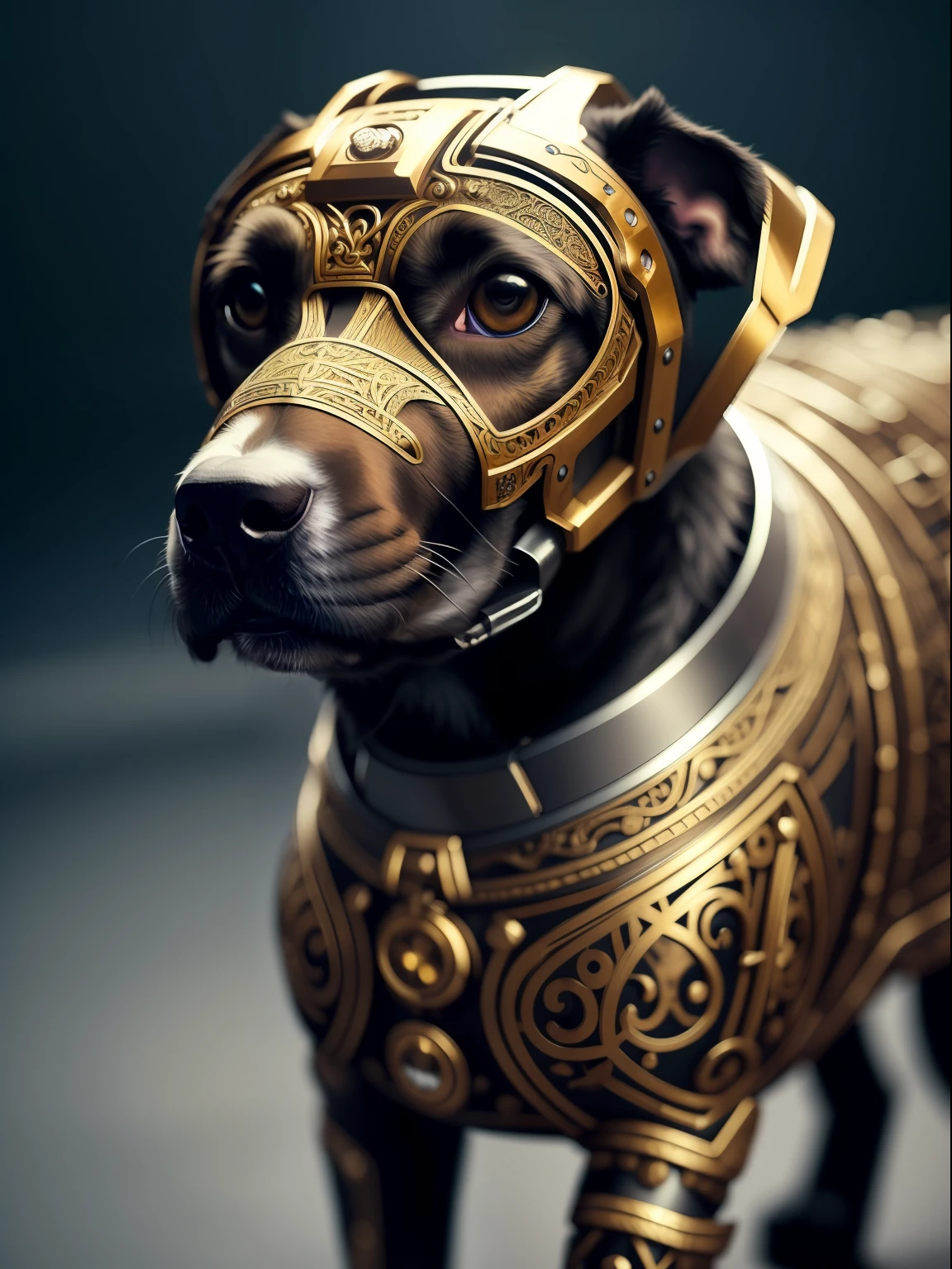 a cute dog wearing a metalwork, cyborg, ((intricate detail)), hdr, ((complex detail, super detail)), cinematic footage, textures, rich details,