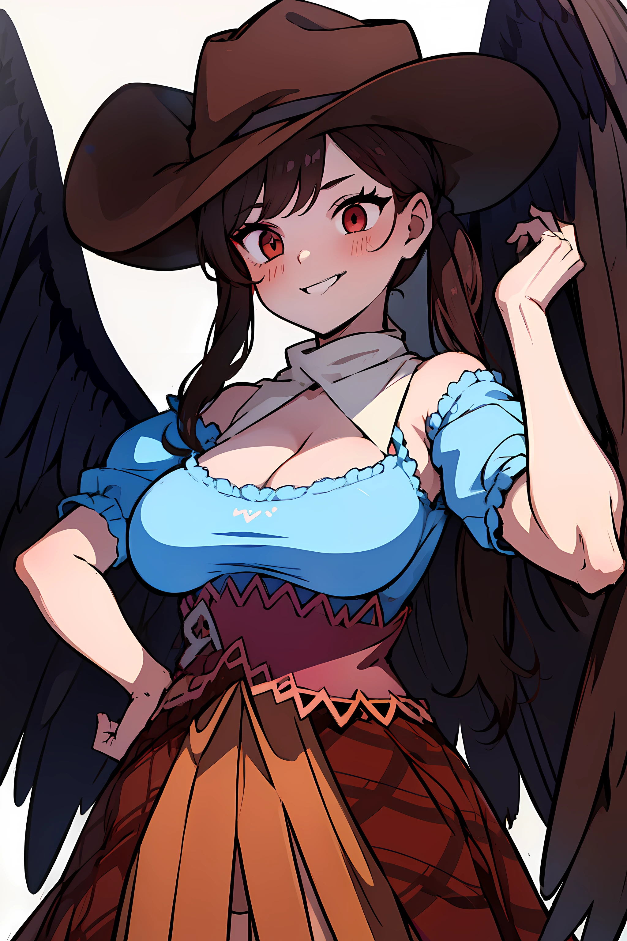 (masterpiece),best quality, expressive eyes, perfect face, 1girl,
big breast, H-cup, good breast, beautiful, gorgeous,anime,girl,lora, floating clothes, tent chest ,
 nipple visible  though clothes,Saki Kurokoma,
red eyes,
black hair,
short hair,
long ponytail,
black wings,
black horse tail,
brown cowboy hat,
brown boots,
light blue plaid shirt,
light pink shirt,
brown plaid skirt,
light orange skirt,
shoulders,
white bandana tied around neck,hands on waist, hands on hips,crazy smile,yameroyandere,yandere,crazy eyes,dark,glowing eyes,shaded face,empty eyes