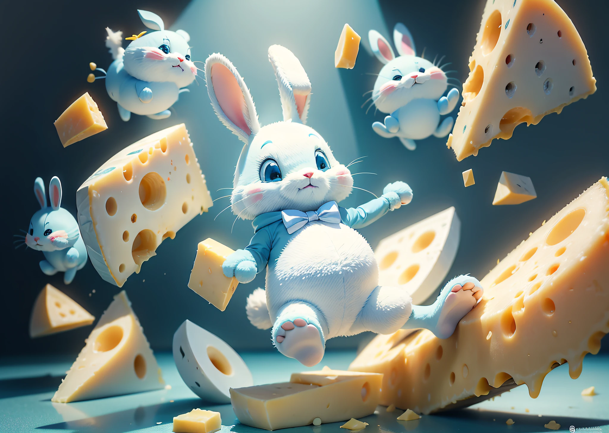 Light blue background,Cute cartoon bunny,Anthropomorphic cartoon rabbit,Close-up slices of cheese cheese,Large slices of cheese,The cheese consists of many large holes,Rich in color,最好质量,8K,Don't show people
