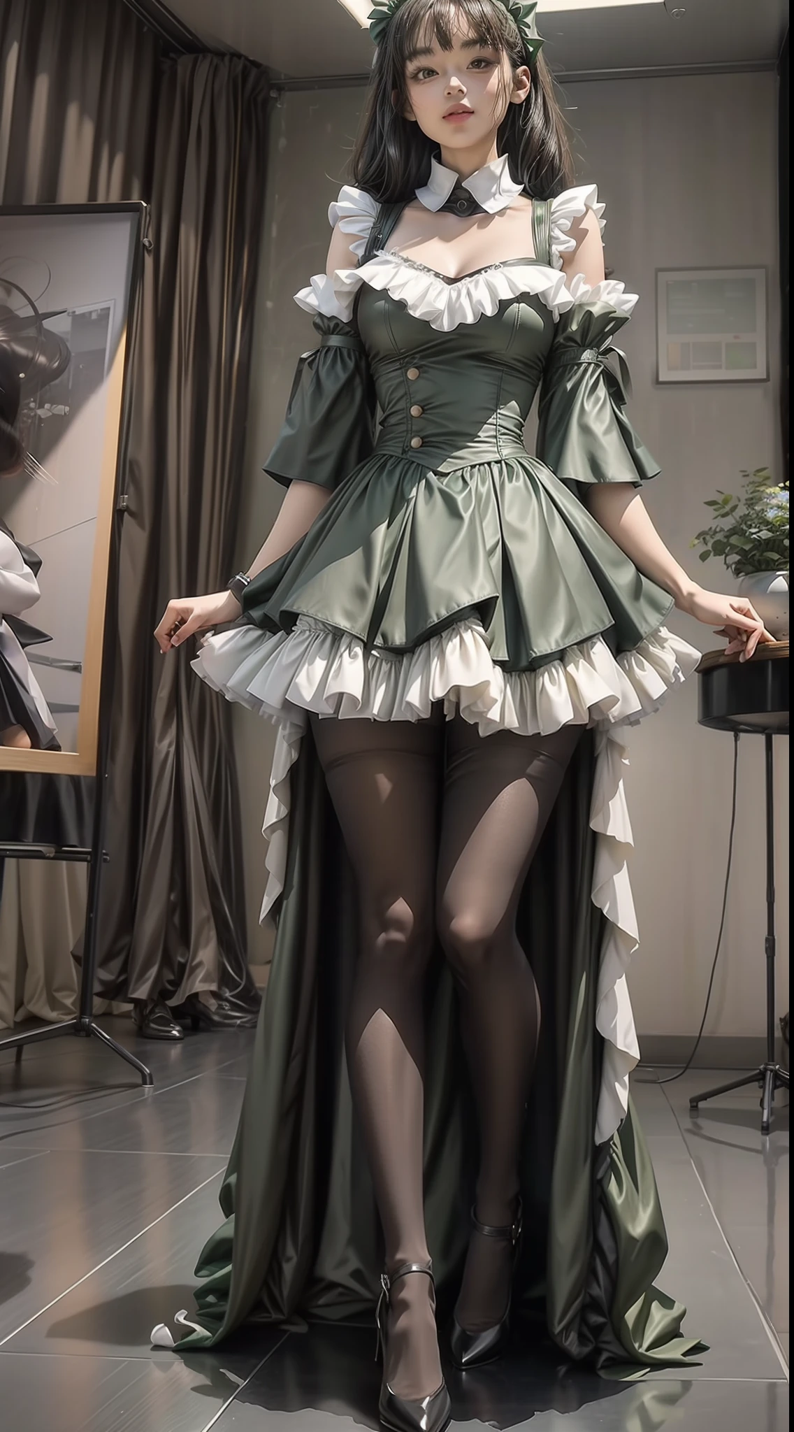 (Full body shot ：2), （Full Focus：1.3）， girlfriend,The character wears a green and white knee-length skirt， Satin clothing，High-heeled leather shoes,， long leges,, Heavy makeup, A shallow laugh, Must show your face, Must have stockings, Stocking tights, hyper HD, Ray traching, structurally correct, anatomy correct, Award-Awarded, High detail, Chiaroscuro, Cinematic lighting, Masterpiece, Super detail, High quality, High details, Best quality, 16