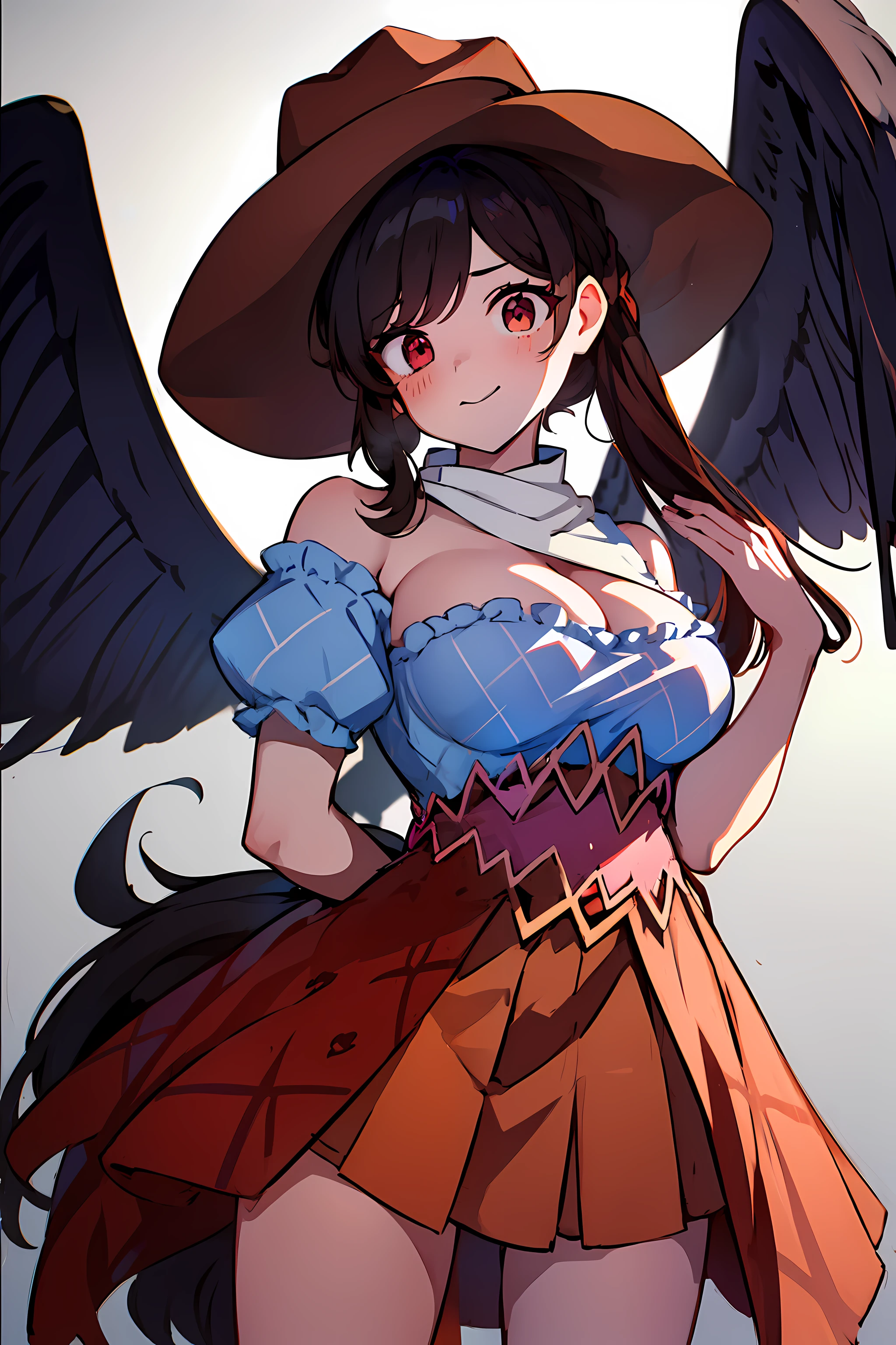 (masterpiece),best quality, expressive eyes, perfect face, 1girl,
big breast, H-cup, good breast, beautiful, gorgeous,anime,girl,lora, floating clothes, tent chest ,
 nipple visible  though clothes,Saki Kurokoma,
red eyes,
black hair,
short hair,
long ponytail,
black wings,
black horse tail,
brown cowboy hat,
brown boots,
light blue plaid shirt,
light pink shirt,
brown plaid skirt,
light orange skirt,
shoulders,
white bandana tied around neck,hands on waist, hands on hips,crazy smile,yameroyandere,yandere,crazy eyes,dark,glowing eyes,shaded face,empty eyes