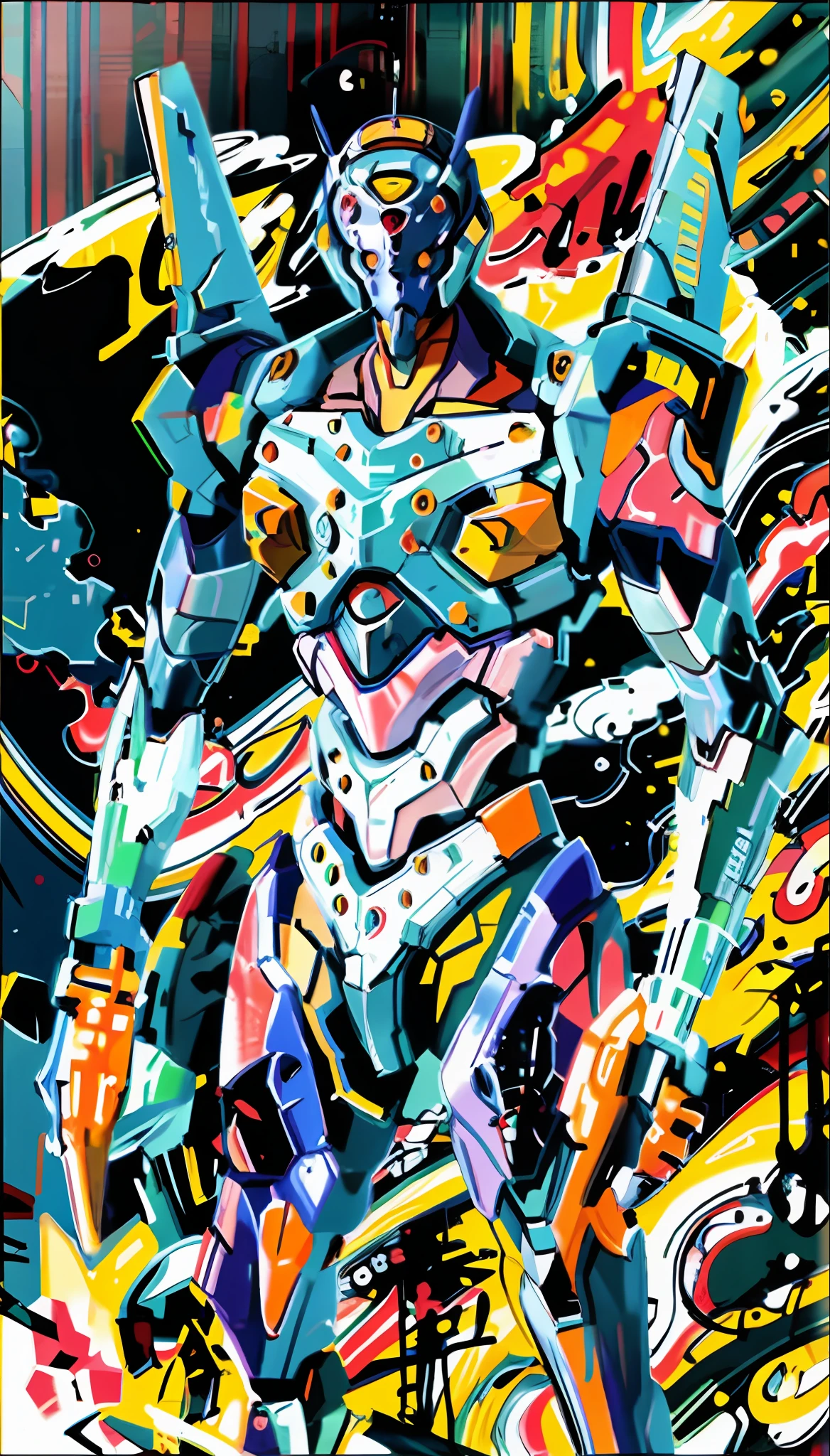 eva 00, evagod, evangelion mecha, science fiction, looking at viewer, (official art, Best quality, masterpiece:1.2), illustration, high res, beautiful abstract background, Futurism, vibrant and bold pop art with high contrast colors, dynamic composition, and exaggerated details