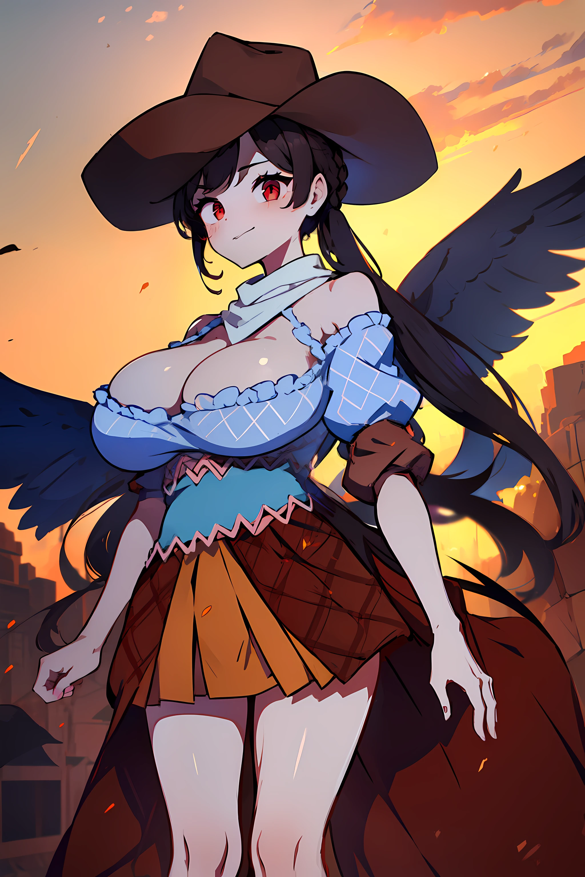 (masterpiece),best quality, expressive eyes, perfect face, 1girl,
big breast, H-cup, good breast, beautiful, gorgeous,anime,girl,lora, floating clothes, tent chest ,
 nipple visible  though clothes,Saki Kurokoma,
red eyes,
black hair,
short hair,
long ponytail,
black wings,
black horse tail,
brown cowboy hat,
brown boots,
light blue plaid shirt,
light pink shirt,
brown plaid skirt,
light orange skirt,
shoulders,
white bandana tied around neck,hands on waist, hands on hips,crazy smile,yameroyandere,yandere,crazy eyes,dark,glowing eyes,shaded face,empty eyes