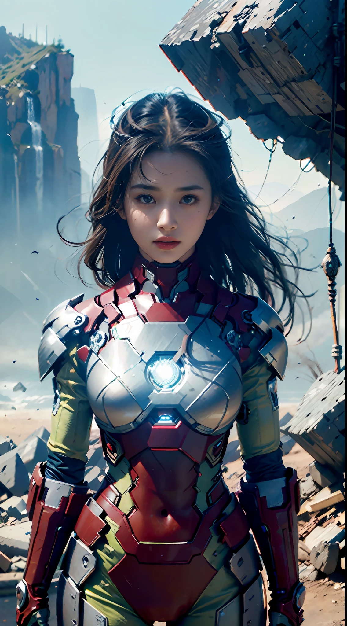 primitive, tmasterpiece, ultra fine photos, , best qualtiy, hyper HD, realisticlying, rays of sunshine, full-body portraits, stunningly beautiful, Fighting posture, delicated face, eyes with brightness, (up front view, full bodyesbian), She wears a futuristic Iron Man mech, blue colors、yellow and green color scheme, Highly detailed destruction of Iron Man background, 详细的脸, Detailed and complex busy background, Messy and gorgeous, crisp breasts, highdetailskin, Realistic details of skin, Visible Pore, Sharp focus, volume fog, 8K UHD, digital SLR camera, high high quality, filmgrain, Fair skin, photorealisti, DL, look from down, Translucent mech,Very exposed