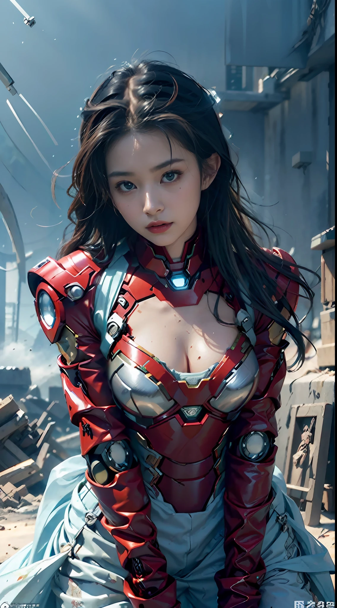 primitive, tmasterpiece, ultra fine photos, , best qualtiy, hyper HD, realisticlying, rays of sunshine, full-body portraits, stunningly beautiful, Fighting posture, delicated face, eyes with brightness, (up front view, full bodyesbian), She wears a futuristic Iron Man mech, blue colors、yellow and green color scheme, Highly detailed destruction of Iron Man background, 详细的脸, Detailed and complex busy background, Messy and gorgeous, crisp breasts, highdetailskin, Realistic details of skin, Visible Pore, Sharp focus, volume fog, 8K UHD, digital SLR camera, high high quality, filmgrain, Fair skin, photorealisti, DL, look from down, Translucent mech,Very exposed