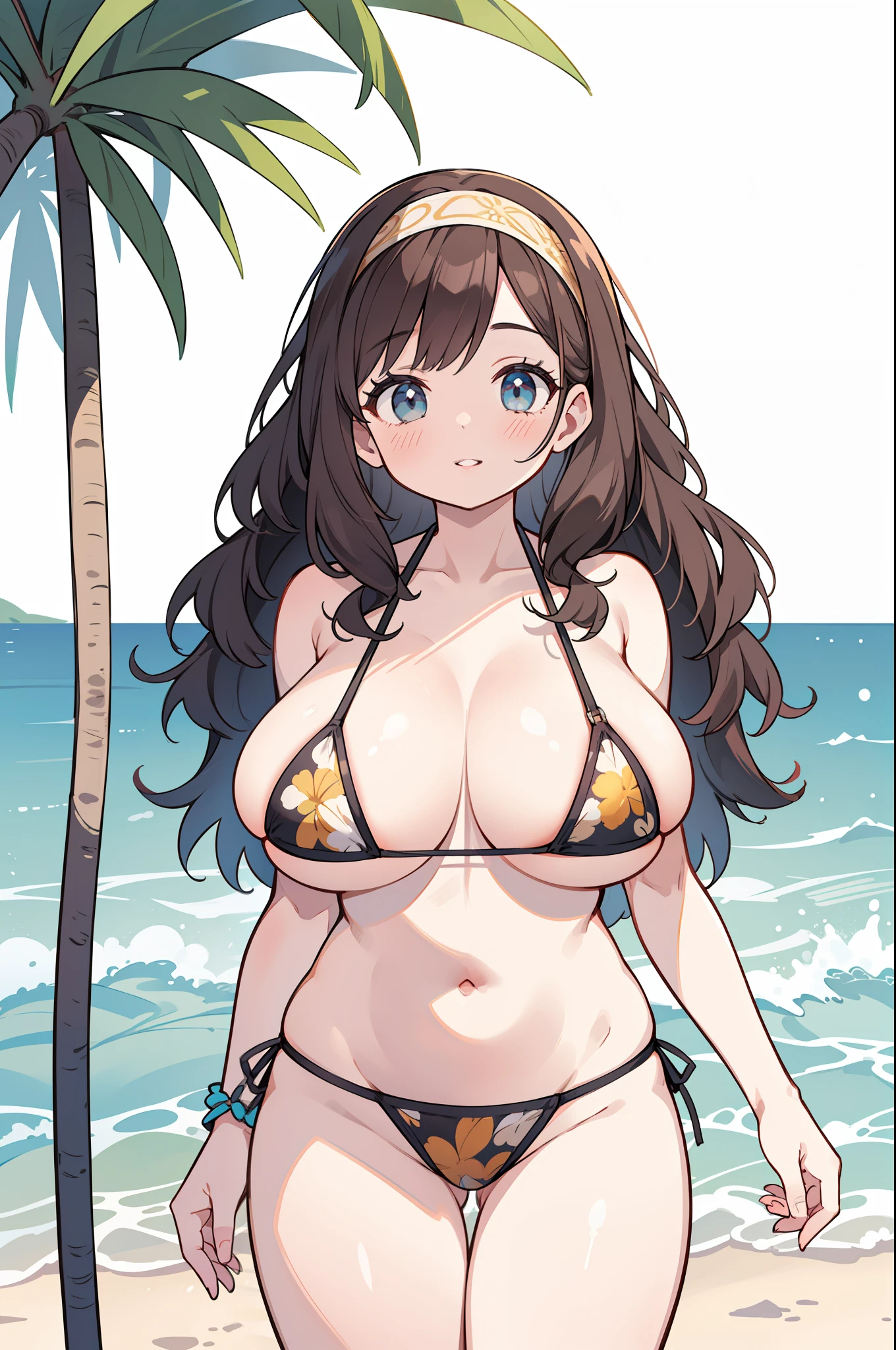best quality, beautiful young woman with perfectly huge breasts and big gorgeous eyes, perfect slim thick body, long curly hair, hairband, intricate printed micro bikini, playing at the beach, tropical island, happy, soft smile, parted lips, perfect face, soft tones, atmospheric, clean lines, intricate, hyperdetailed, realism, 8k