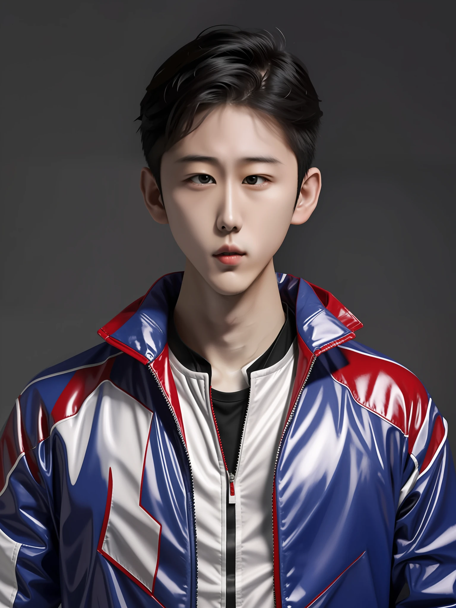 A Chinese male high school student,PVC red racing suit,