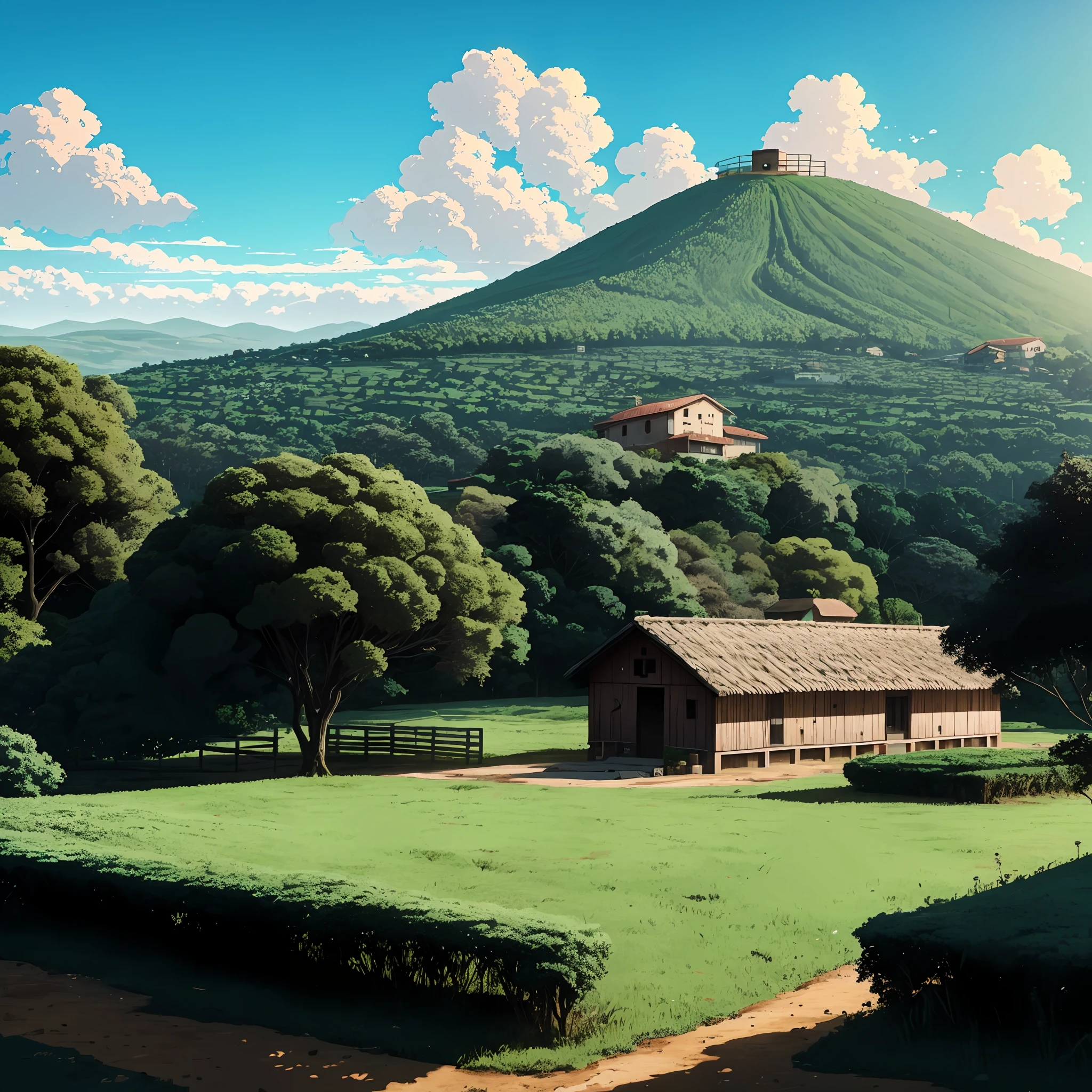um campo, uma casa com cercado, montanhas ao fundo, lofi anime, 4k, 8k, alta qualidade,