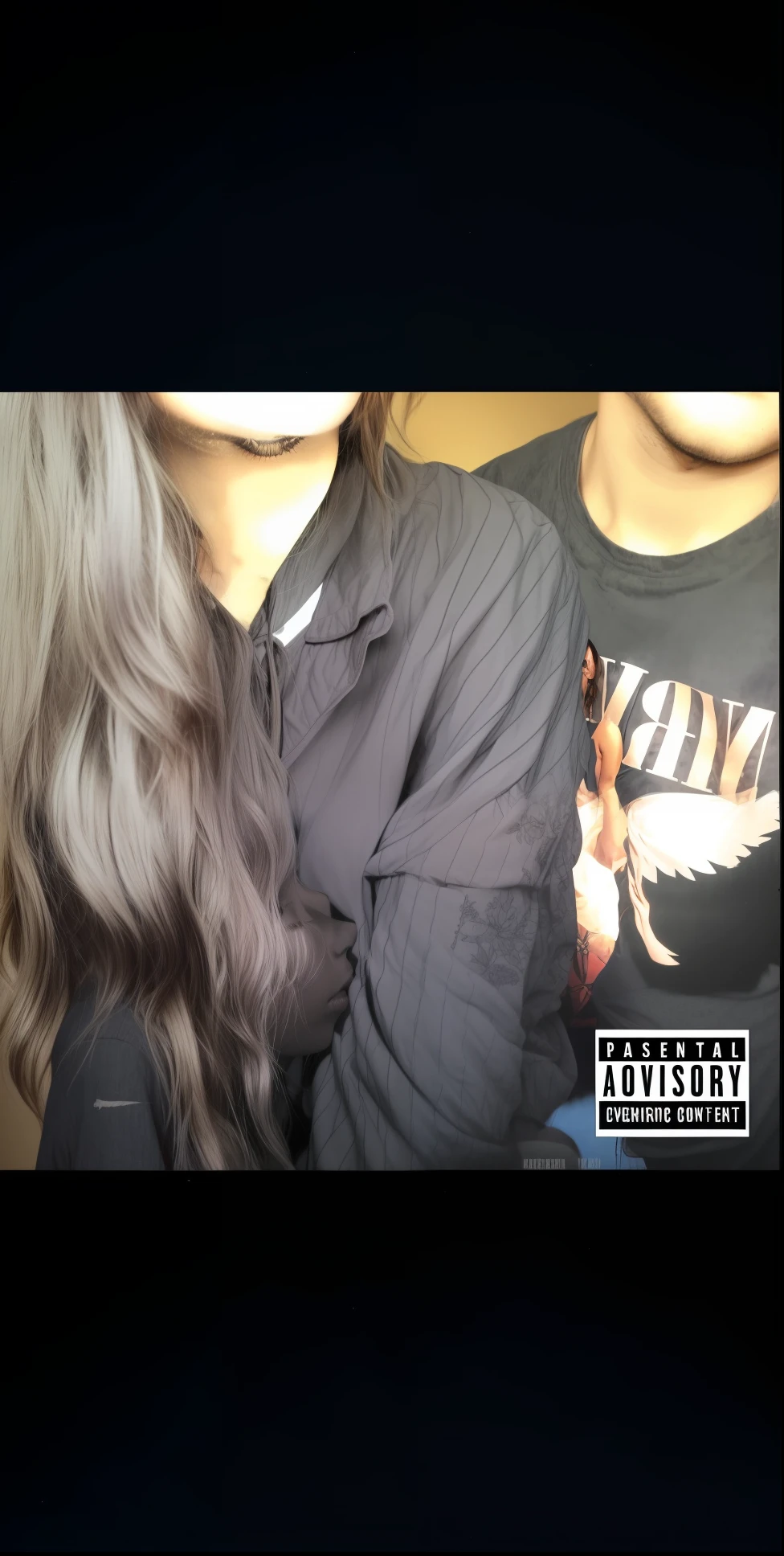 there is a man and a woman that are looking at something, album cover!, new album cover, music album cover, alternate album cover, album cover style, album art cover, album cover, style of vento aureo cover art, highly detailed cover art, an album cover, rap album cover, very grainy, faded, album cover art, music album art