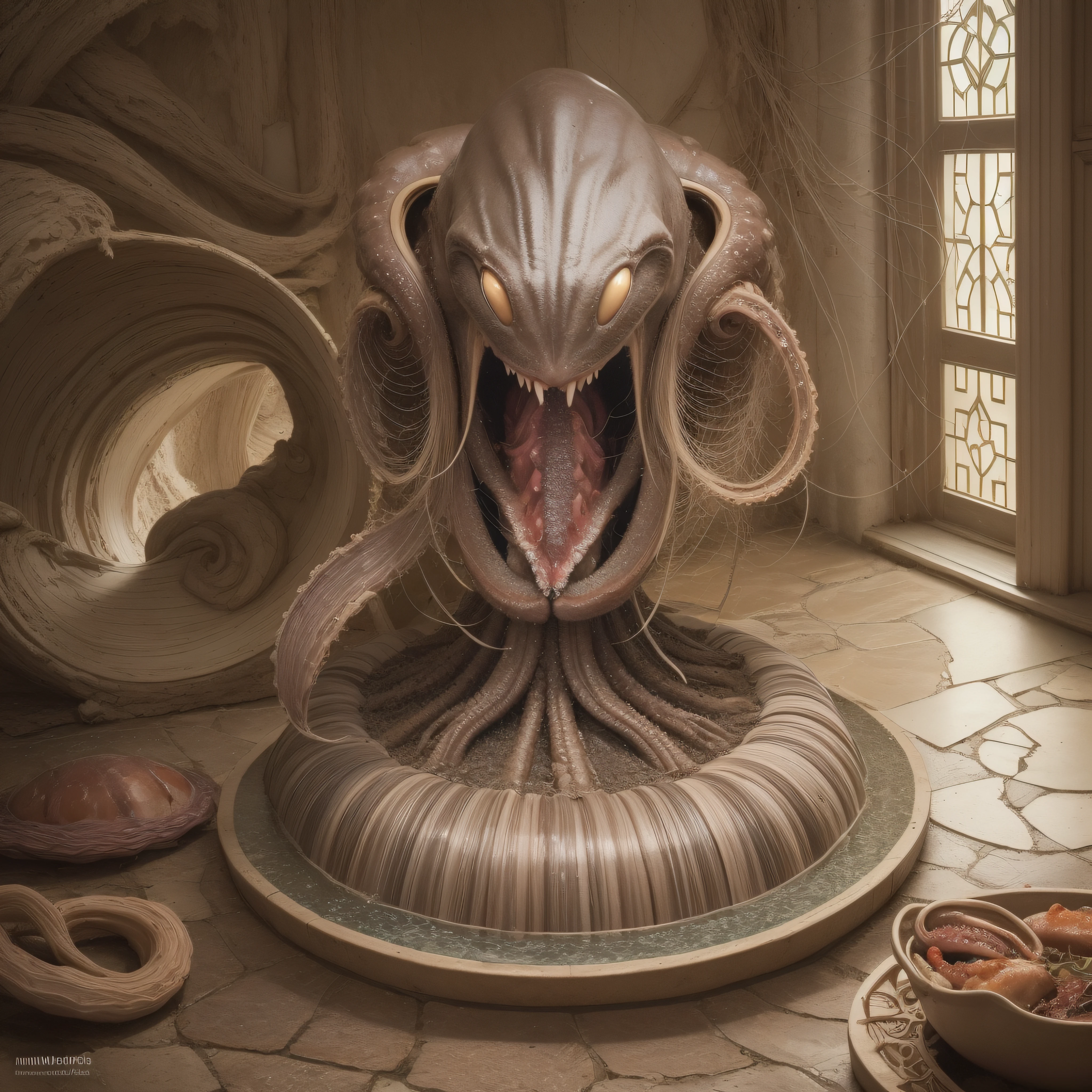(extremadamente detallado, obra maestra, La mejor calidad), Estilo oscuro, intense illumination, rostro con arrugas, lengua larga, tentacle, deforme, monstruoso, interior de una piscina de agua verdosa, imagen submarina, alien con Colmillos finos, pico de pulpo amenazante. manchas de tinta. Rococo composition. Luz de caravaggio