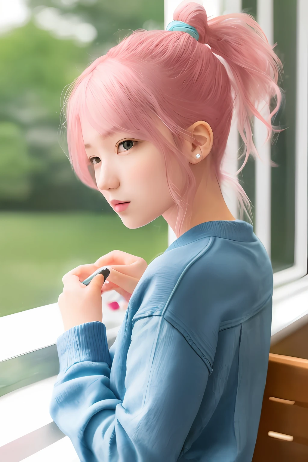 1 girl,pink hair,ponytail