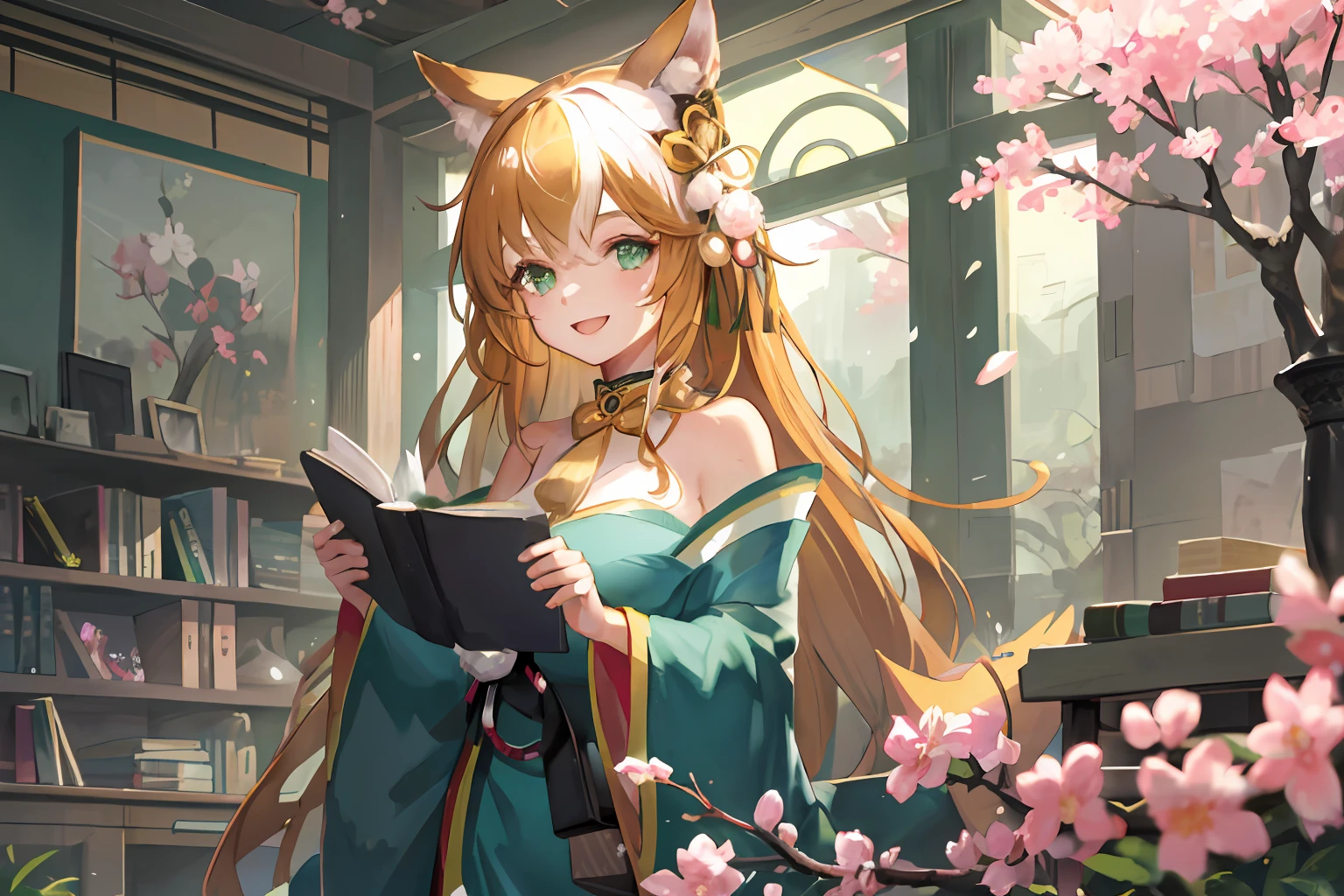girl with animal ears, beige hair, teal eyes, in green kimono, smiling, sakura trees and sakura petals, inside a bookstore, holding book