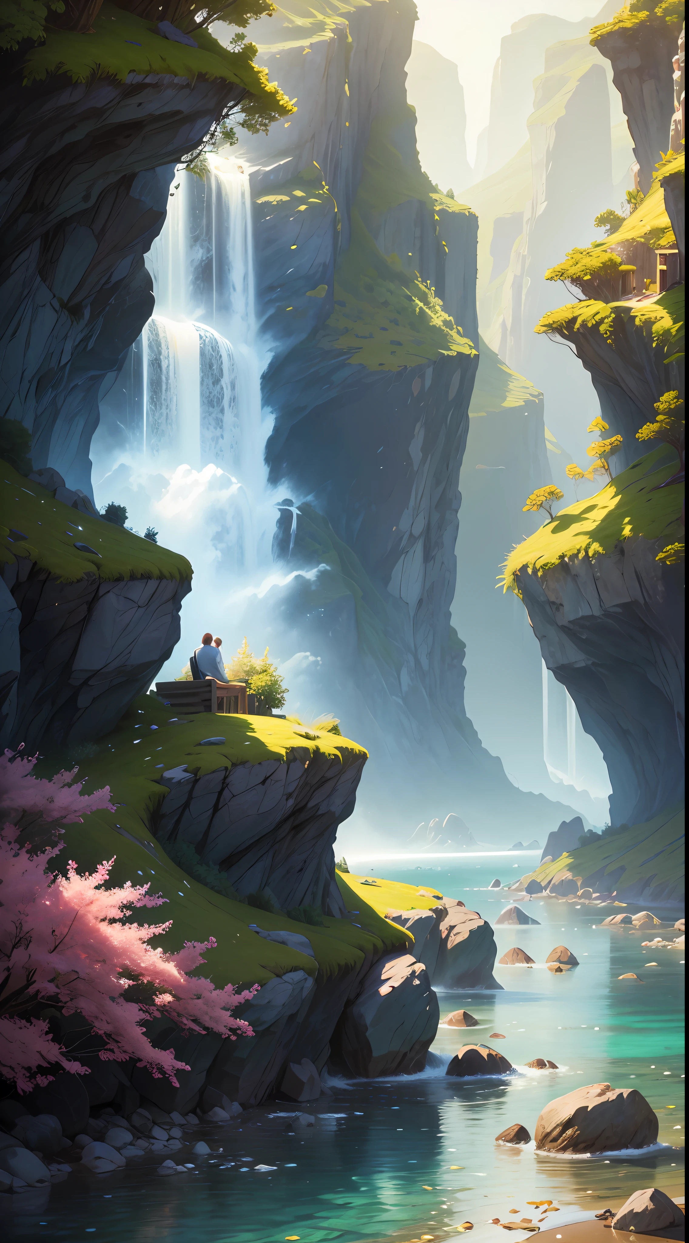 A painting of a waterfall in a forest with a person standing on the ...