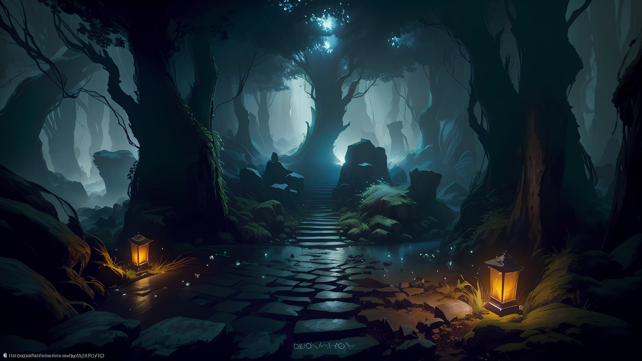 There is a dark forest，There is a path and lanterns on it, photorealistic dark concept art, dark fantasy environment, fantasy forest environment, ancient wood environment, Unreal Engine renders concept art, Dramatic lighting. concept-art, concept art of a dark forest, by senior environment artist, highly realistic concept art, inspired by senior environment artist, moonlit forest environment，the night，darkly，speleothems，Ancient ruins，Chinese style，Deep canyon，blue colors// ,Perspective,Wide shot, ((, Point view shooting, angle of view, aerial shot, Helicopter Shot)), .CGI, Realism, RTX, Tone-mapping, SSAO, Shaders, Moonlight, voluminetric lighting, volumettic light, volumetr, Sunlight, Natural lighting, landscape, Outdoors,professional,Ultra-fine painting, ((high qulity:1.2, tmasterpiece:1.2)), absurderes, high resolution, (8K resolution), 8K, 8kres, 8K true, High details, Detailed and intricate, Create details for each other, High electrical detail, absurd amount of details, Super resolution, Ultra HD Ultra HD, megapixel, , ((, Angle shooting, angle of view, aerial shot, Helicopter Shot)), .CGI, hentail realism, RTX, Tone-mapping, SSAO, Shaders, rays of moonlight, volumettic light, volumettic light, volumettic light, rays of sunshine, Natural soft light,scenecy, inside in room,Enclosed space ((high qulity:1.2, tmasterpiece:1.2)), hoang lap, A high resolution, (8K分辨率), 8K, 8kres, 8K true, High details, Detailed and intricate, Create details for each other, Highly explained details, Ridiculous amount details，Ray tracing,Hyper-Resolution，hyper HD，megapixel，hdr