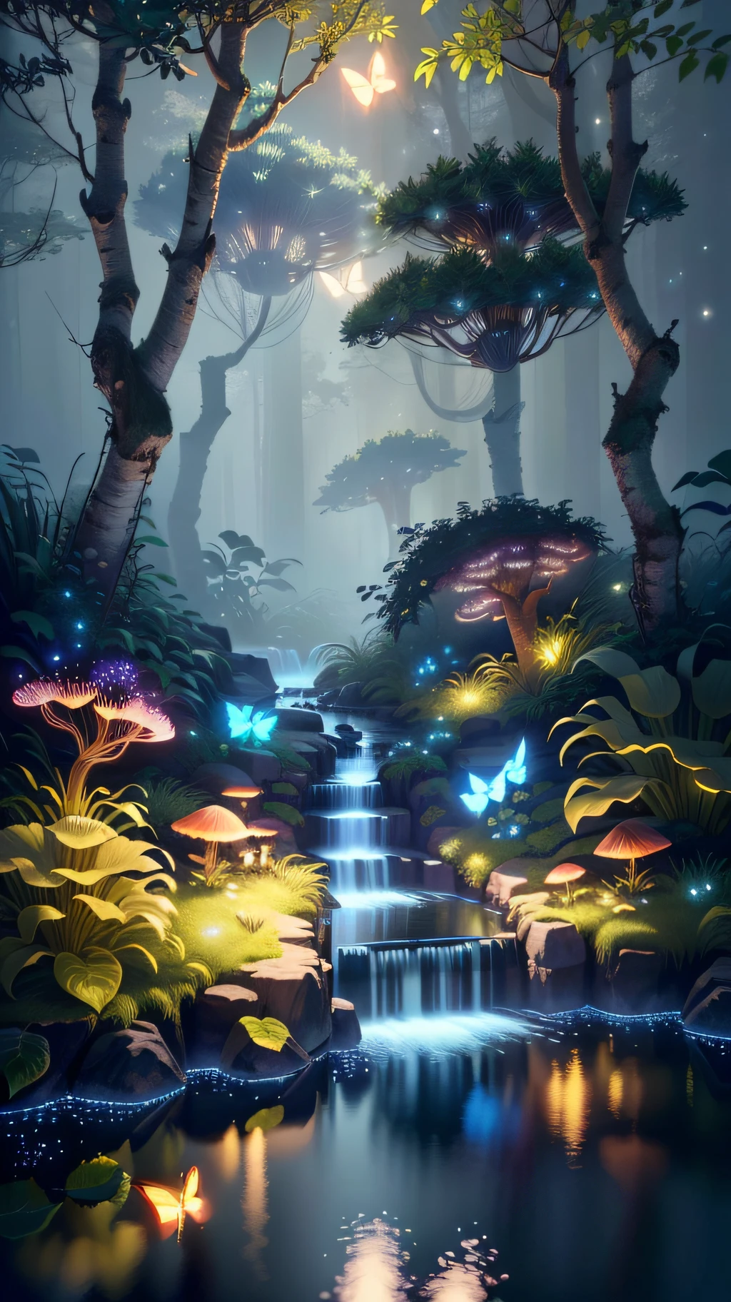 A masterpiece, the best quality, stunning reflections, the best reflections ever. (very detailed CG unity 8k wallpapers), (best quality), (best illustrations), (best shadows), forest theme with natural elements. Tall trees, quiet streams, small glowing mushrooms surrounded by delicate leaves and branches, with fireflies and glowing particle effects,, (natural elements), (jungle theme), (leaves), (twigs), (fireflies), butterflies, (delicate leaves), (glow), (particle effects). , Isometric 3D, Octane Rendering, Ray Traced, Super Detailed