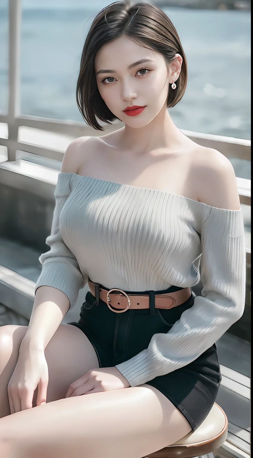(Intricate Detail: 1.3), (Best Quality: 1.2), (Masterpiece: 1.3), Realistic, 8K UHD, HD, High Quality Texture, Intricate Detail, Detailed Texture, Fine Detail, High Detail, Extremely Detailed CG, High Quality Shadows, Realistic Face Performance, Beautiful Details, (High Detail Skin, Skin Detailing), Detailed Beautiful Delicate Face, Face Looking Left, Detailed Beautiful Delicate Eyes, A perfectly proportioned face with smile, Film grain, Depth of field, Cinematic light, Dramatic light, lens flare, ray tracing, perspective, 20s, (realistic:1.2), 1 girl, bare_shoulders, belt, black_footwear, blur, blurry_background, bra_strap, breast, architecture, coffee, collarbone, cup, day, disposable cup, full body, lips, lipstick, long sleeves, looking at the audience, makeup, off-the-shoulder shirt, off-the-shoulder sweater, off-the-shoulder, outdoor, pantyhose, red lip, shirt, short hair, Short hair, shorts, sitting, smiling, solo, stool, striped, striped shirt