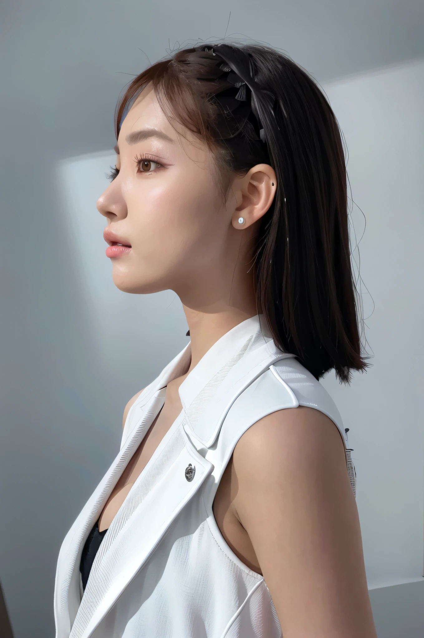 Araved woman in white jacket and black dress standing in front of a white wall, shot on a Canon EOS R5, shot on canon eos r 5, A young Asian woman, portrait of female korean idol, Shot on Canon EOS R 6, Gorgeous young Korean woman, side profile portrait, Young Asian woman, shot on nikon z9, gemma chan girl portrait