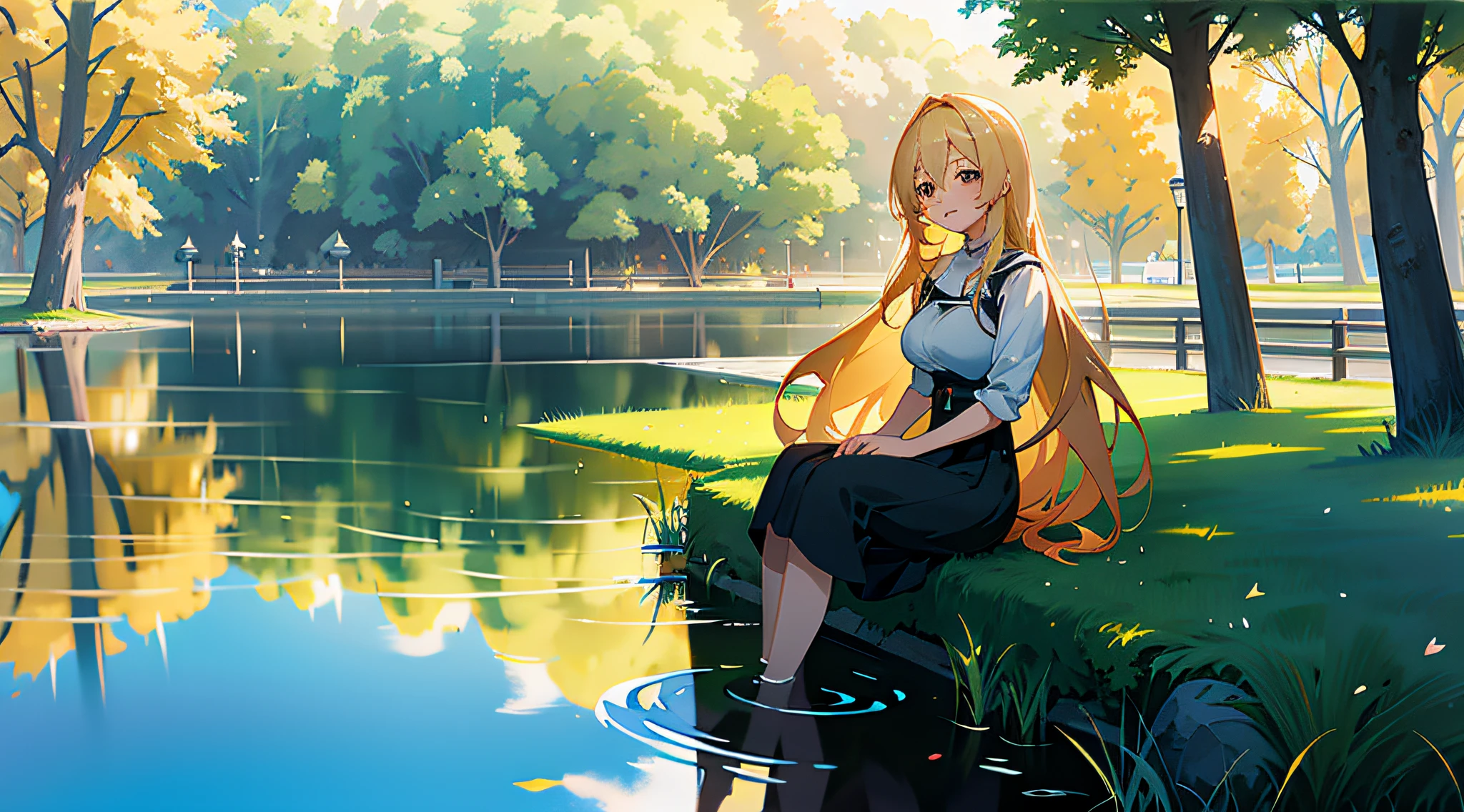 Anime girl sitting on bench in riverside park, sitting at a pond, Anime Nature, a beautiful anime portrait, Beautiful anime girl, Smooth anime CG art, anime beautiful peace scene, anime nature wallpap, beautiful anime scenes, beautiful anime scenery, Blonde anime girl with long hair, anime big breast. Soft lighting, drawn in anime painter studio, Cute anime girl