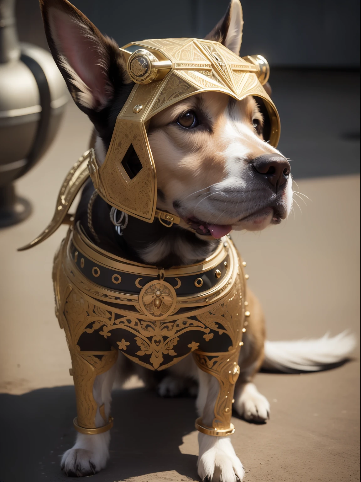 a cute dog wearing a metalwork, cyborg, ((intricate detail)), hdr, ((complex detail, super detail)), cinematic footage, textures, rich details,