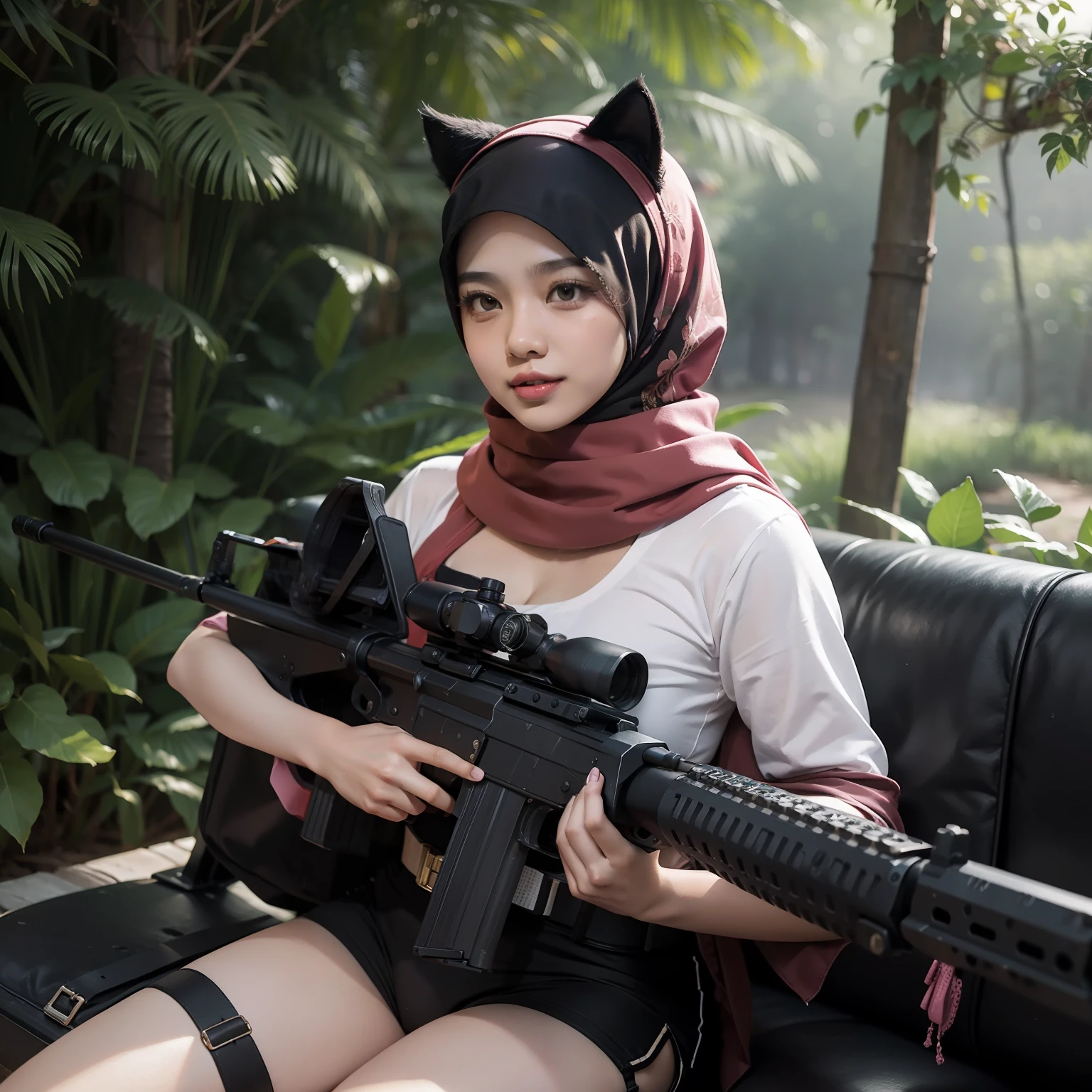 best quality , masterpiece, 4 malay females, malaysian, mira filzah face, (mira filzah), cute malay girls with assault rifles in a battle field wearing hijab, bra and panties, sexy, sexy army underwear, detailed face, holding gun, assault rifle, sexy military, ((aiming gun at viewer)), depth of field, laughing, pink hijab,, cat ears, night in the forest background, jungle.