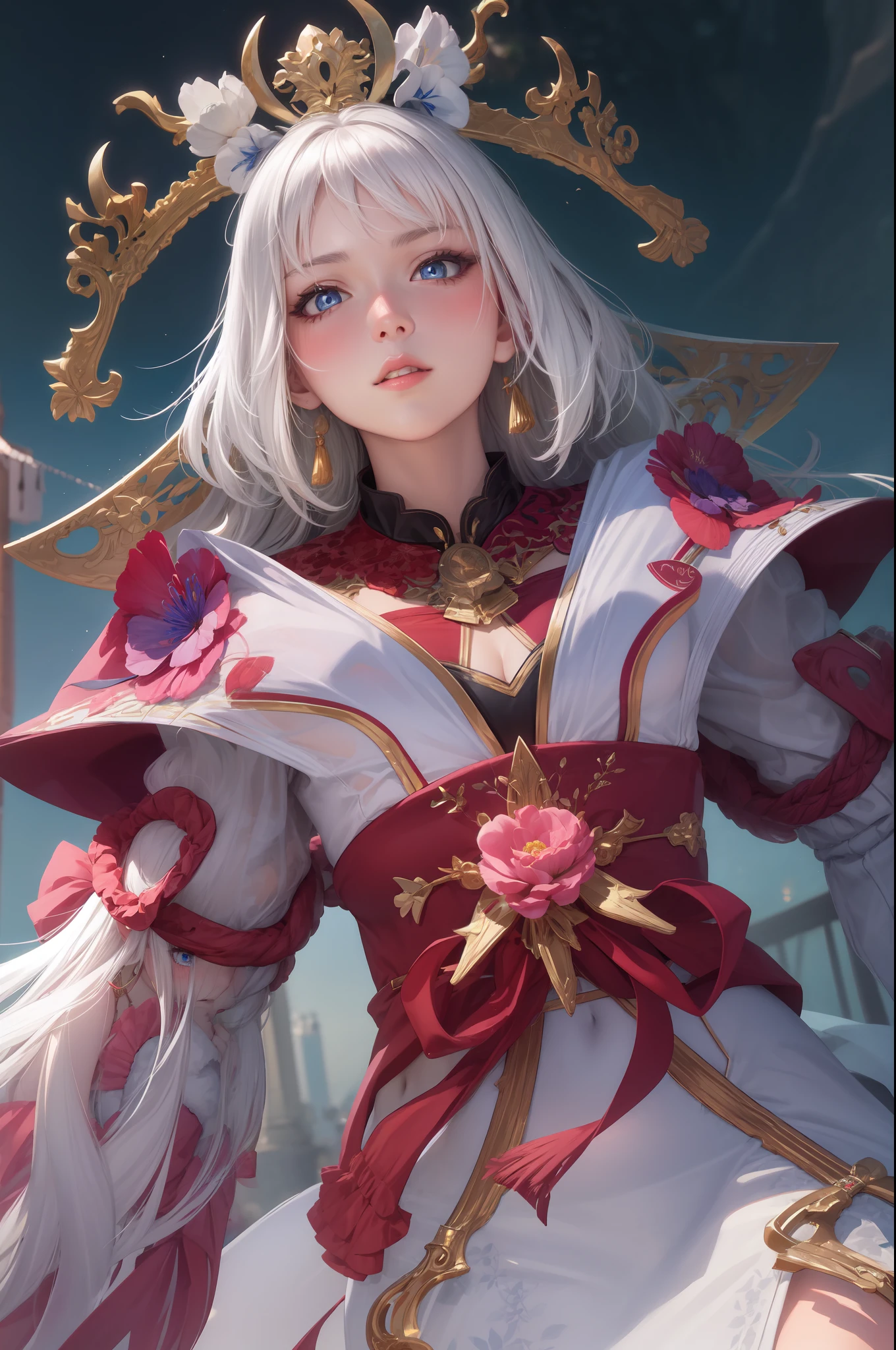 realistic, 1girl, white hair, blue eyes, glowing eyes, crop top, skirt, parted lips, blush, night, flowers, sun, sunlight,
